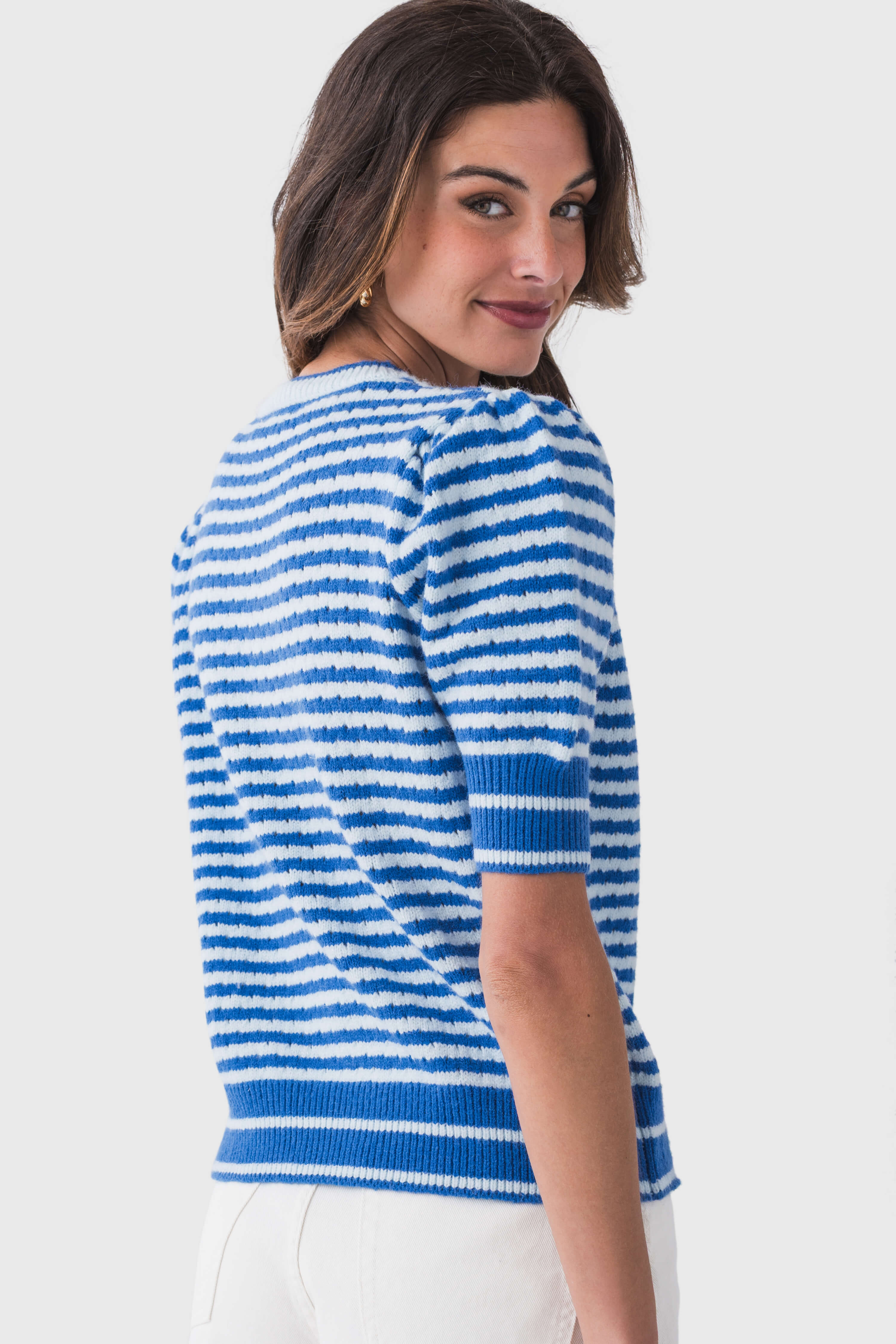 Merci Striped Pointelle Puff Sleeve Top for Women - Breathable Knit Blouse with Ruffled Details | Perfect for Spring Outfits, Date Nights & Office Wear