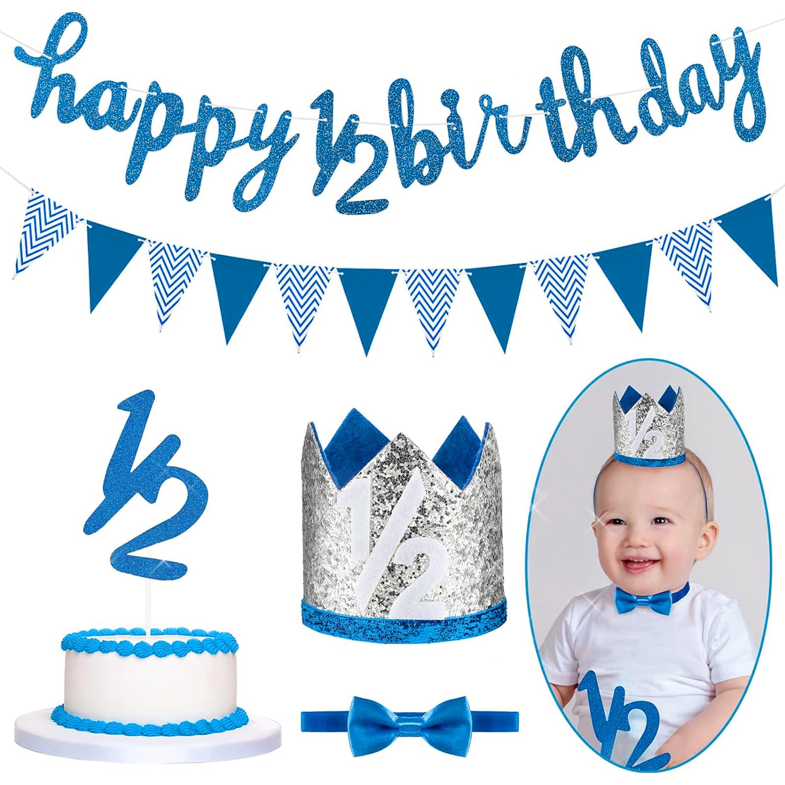 Spakon Glitter Half Birthday Banner Set - 6 Months Happy Birthday Decorations for Baby Boy & Girl - Includes Cake Topper, Triangle Flags, Crown Hat & Bow Tie (Dark Blue) - Perfect for 1/2 Year Celebrations, Photo Shoots & Milestone Parties