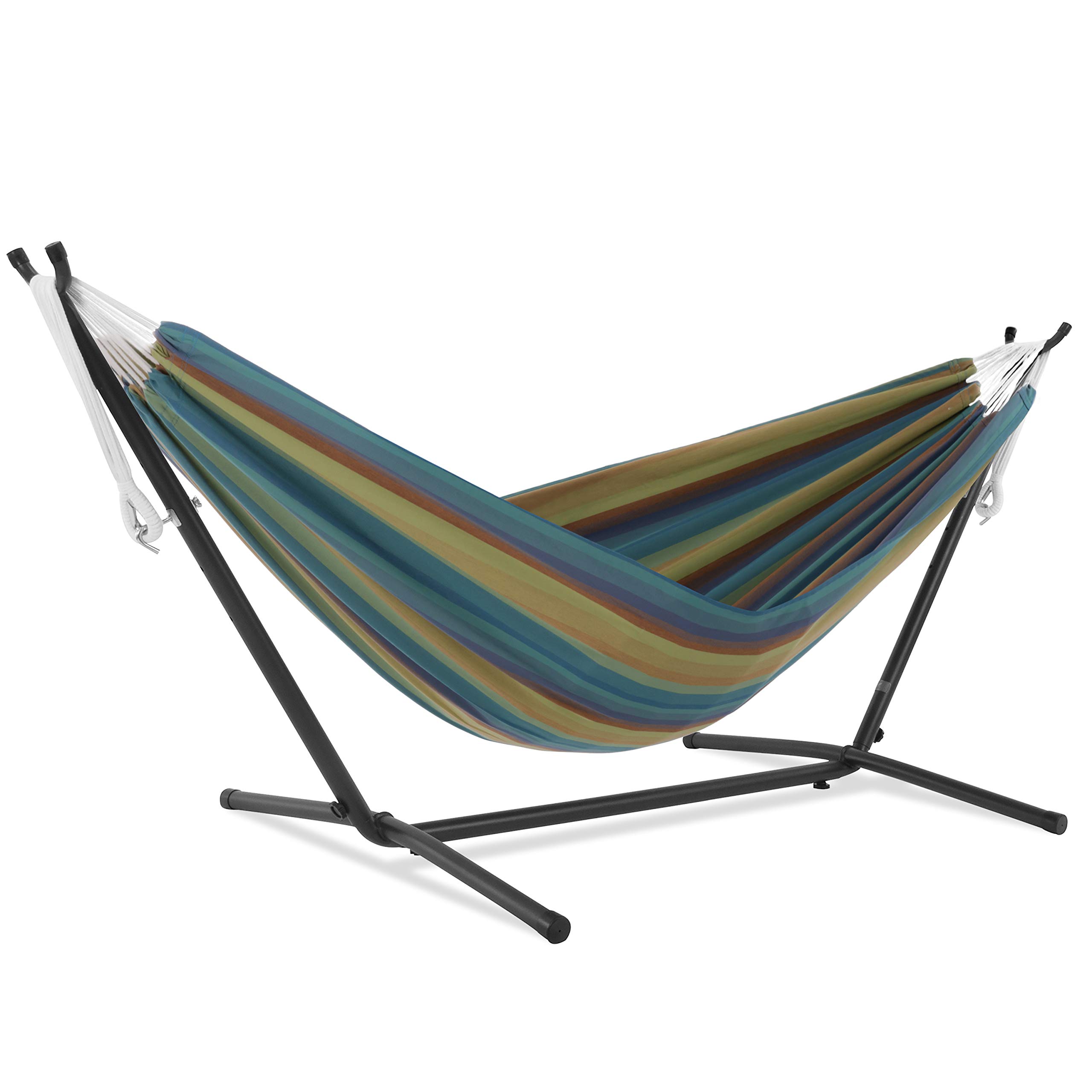 Vivere Double Sunbrella Hammock with Space-Saving Steel Stand - 450 lb Weight Capacity, Includes Premium Carry Bag (Lagoon Blue) - Perfect for Backyard Relaxation, Camping & Beach Vacations