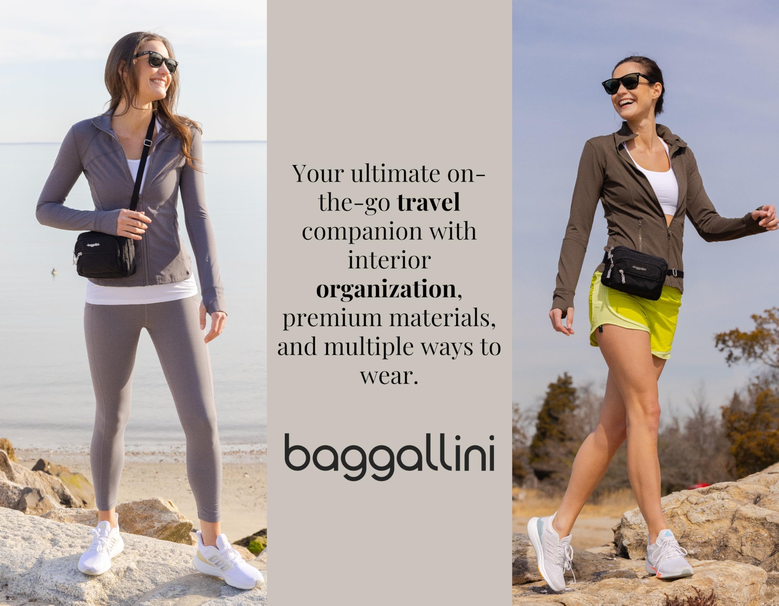 Baggallini Women's Triple Zip Small Crossbody Bag - 8x6 Inch Convertible Fanny Pack Belt Bag - Lightweight Water-Resistant Travel Purse for Everyday Use, Gym, Hiking & Shopping