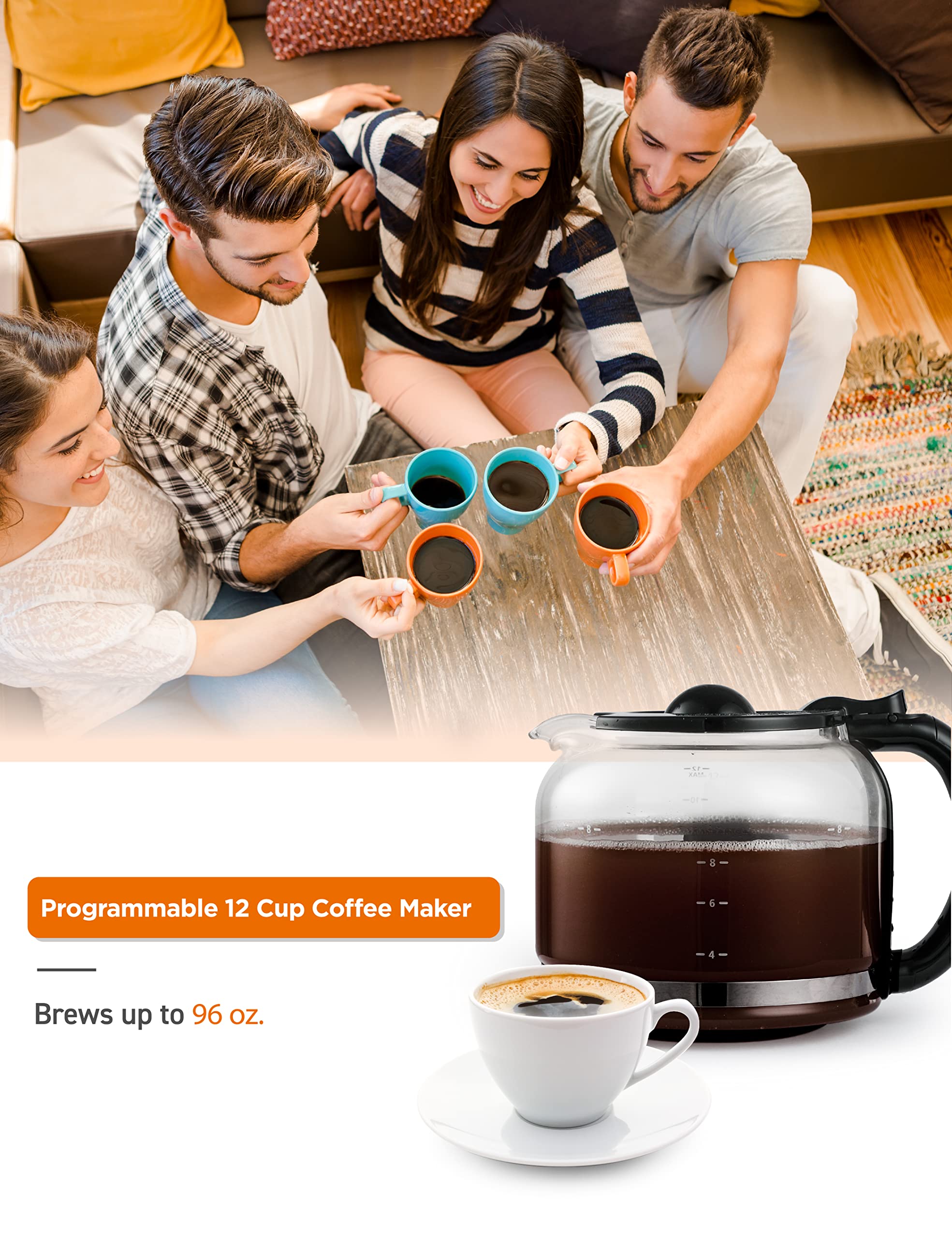 Commercial Chef 12-Cup Programmable Coffee Maker with Nylon Filter, Glass Carafe & LCD Display - Perfect for Offices, Restaurants & Home Kitchens