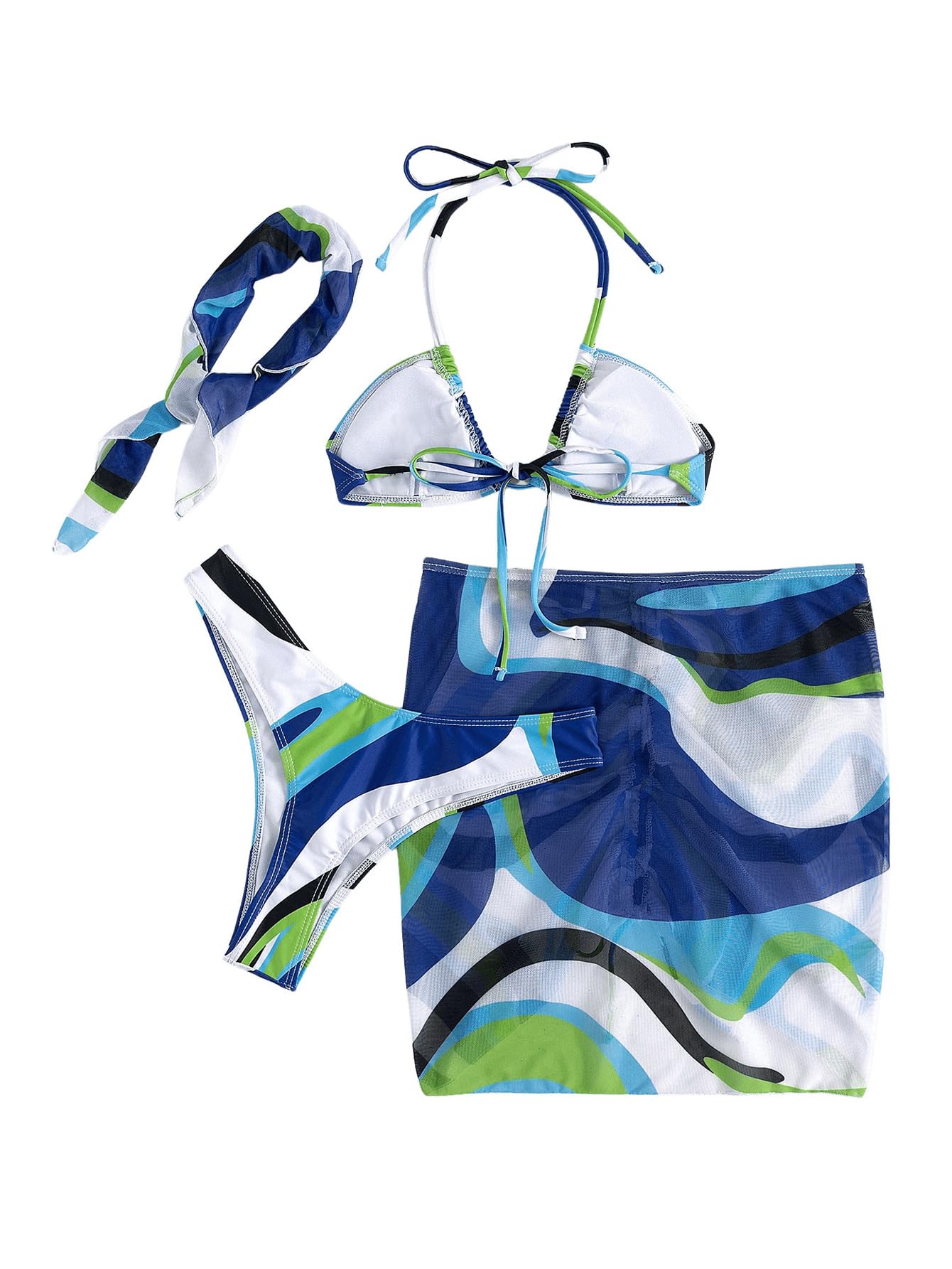 Milumia Women's 4 Piece Swimwear Set - Triangle Bikini Top & Bottom with Mesh Cover Up, Beach Skirt & Bandana for Summer Vacation, Pool Party & Tropical Getaway