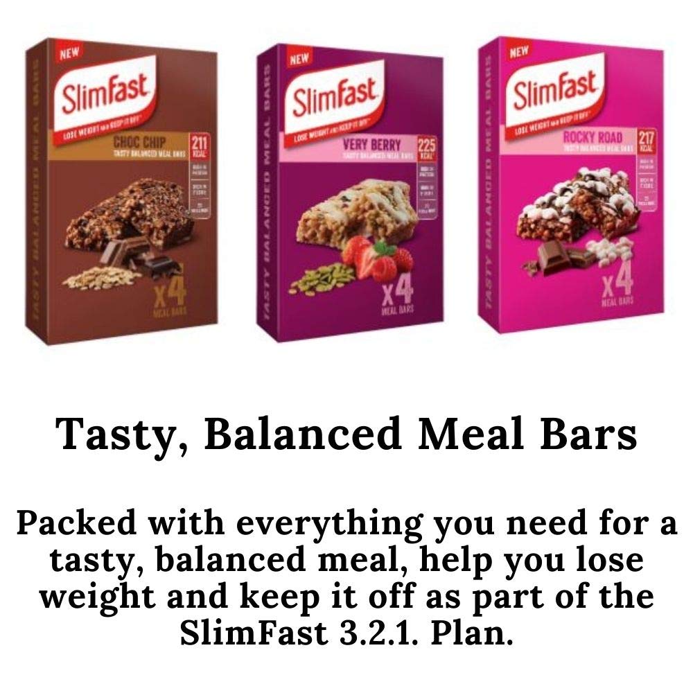 SlimFast Meal Replacement Bars Multipack - 4 Chocolate Chip, 4 Rocky Road, 4 Very Berry (12 Bars Total) | Low Calorie Weight Loss Snacks | Perfect for On-the-Go, Office & Diet Plans | Includes Free Measuring Tape
