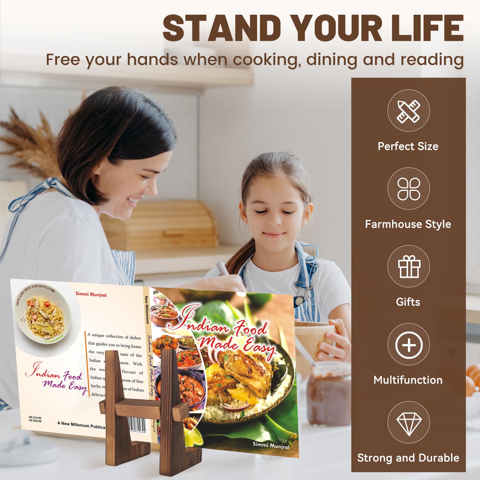 Wooden Cookbook Stand for Kitchen - Rustic Counter Holder (8.8inch) for Easy Cooking