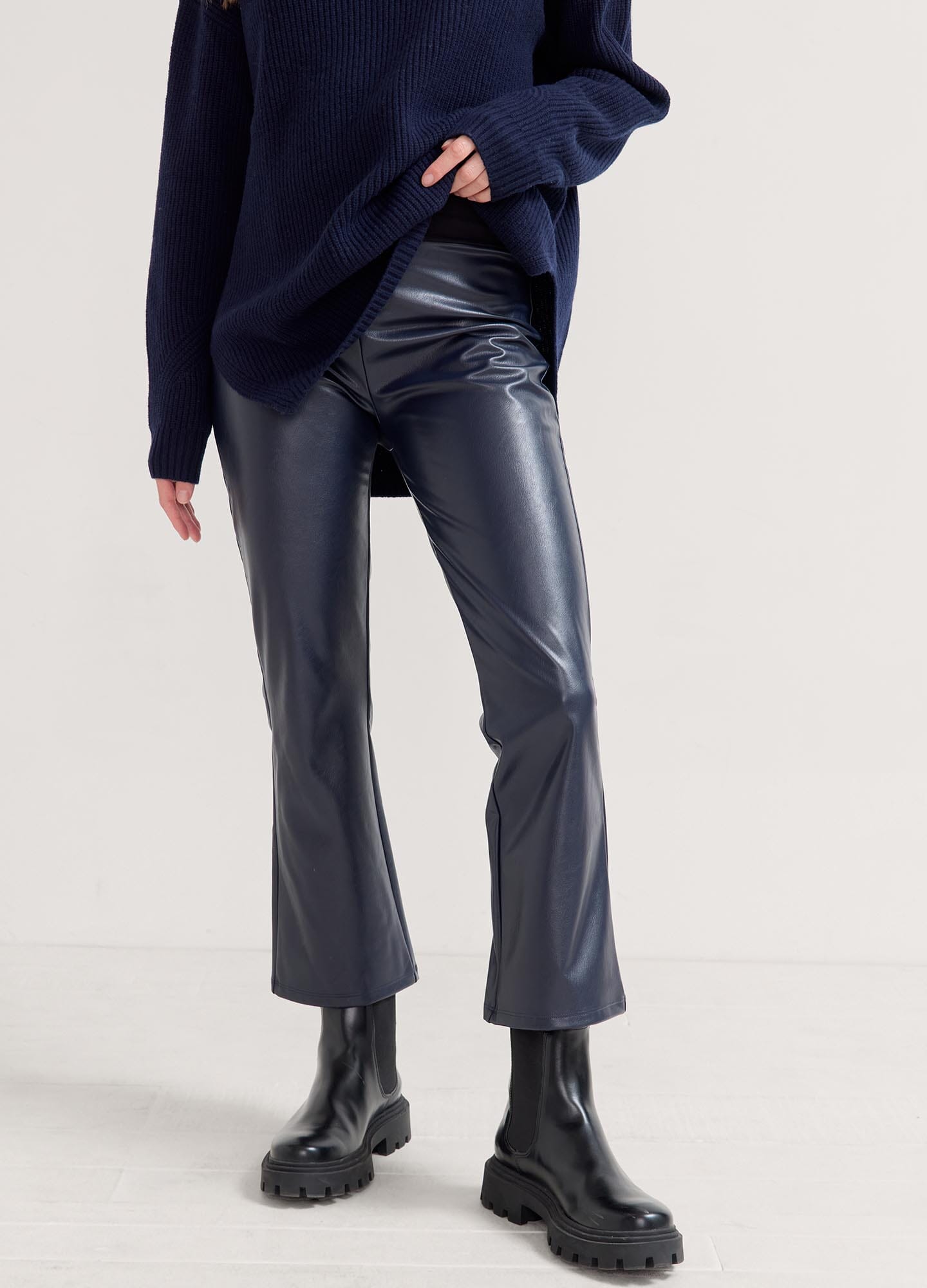 Vegan Stretch Leather Crop Flare Pants - Women's High Waisted Faux Leather Trousers for Casual Wear & Night Out