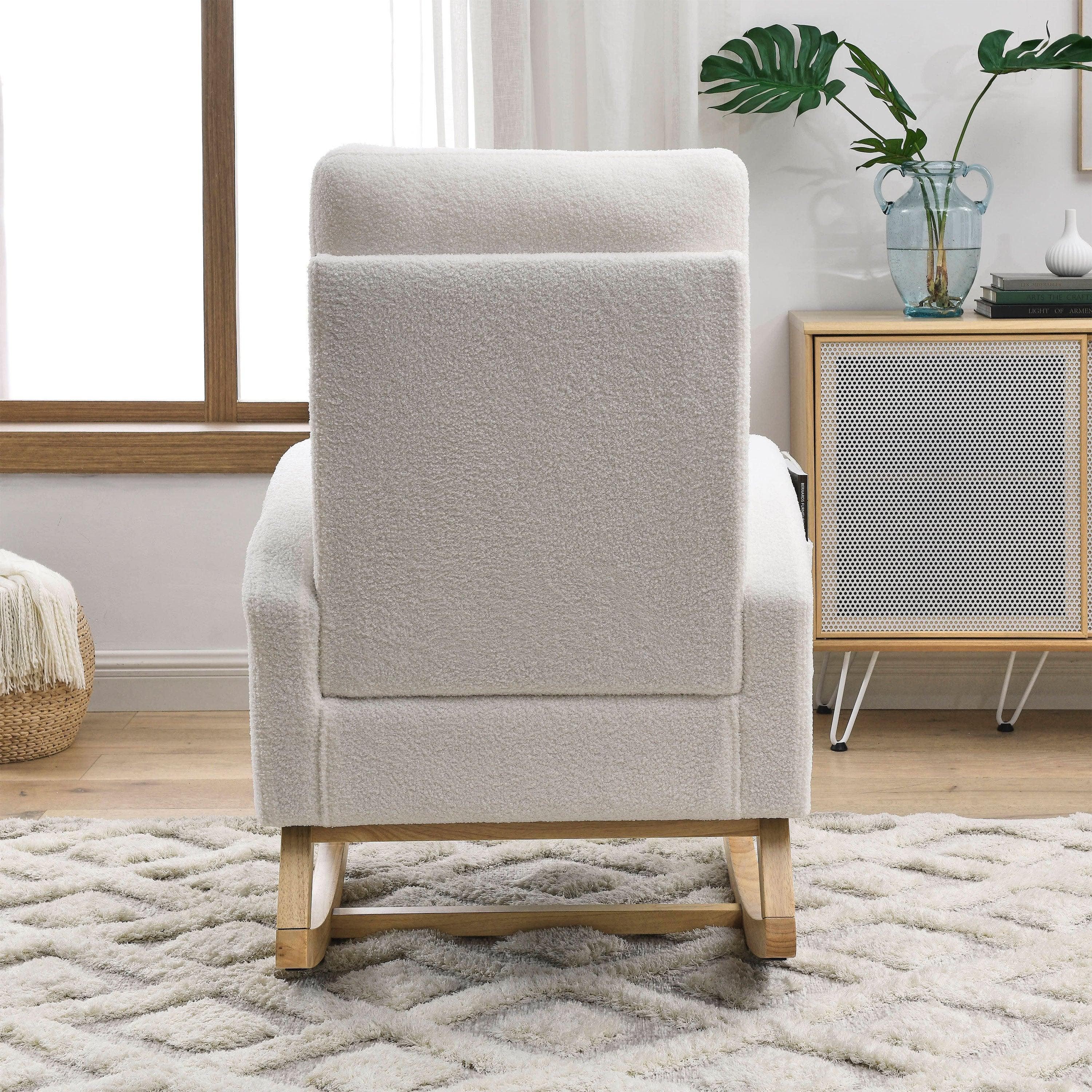 27.6W Modern Accent High Backrest Rocking Chair with Side Pockets - Teddy White (Ivory) - Perfect for Living Room, Lounge, Nursery & Reading Nook