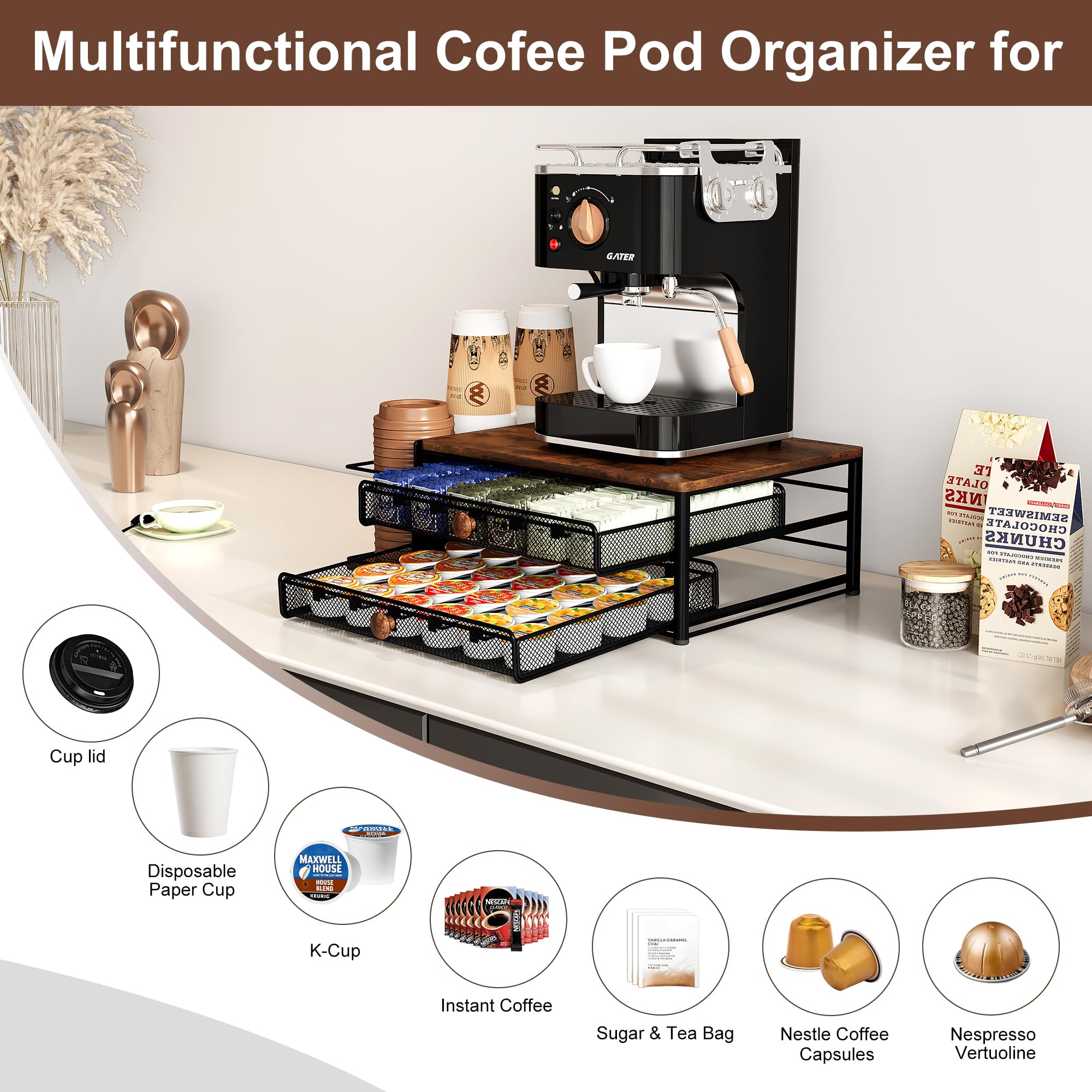60-Capacity 2-Tier Coffee Pod Stand & Cup Holder - Countertop Organizer for Keurig K-Cups, Nespresso Pods & Disposable Cups with Lid Storage - Perfect for Coffee Bars, Kitchens & Office Break Rooms (Black)