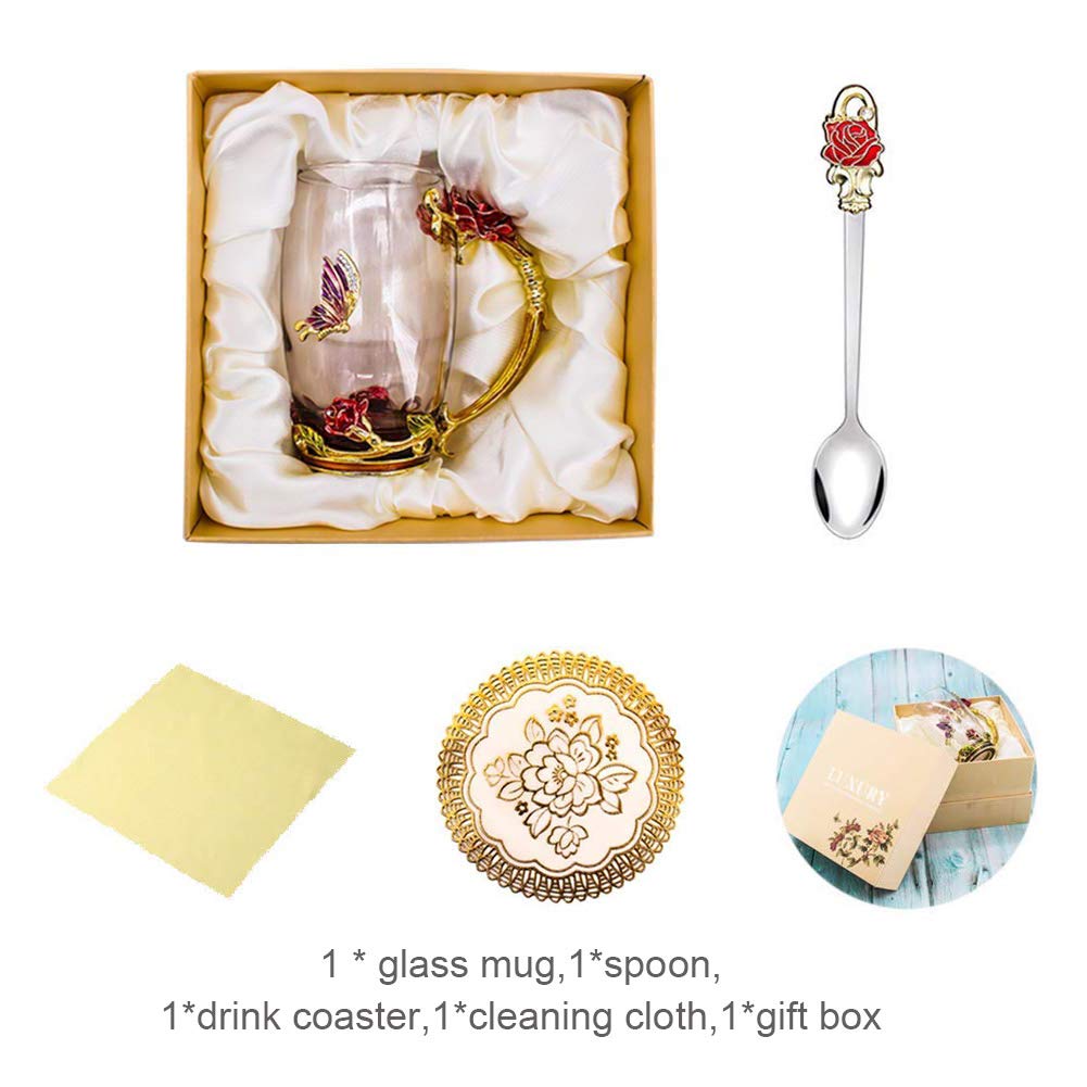 Handmade Enamel Butterfly Rose Flower Glass Coffee Mug & Tea Cup Set with Spoon - 13 oz (Red Rose) - Perfect for Home, Office, Gifts, Friend Birthday Presents & Afternoon Tea Time