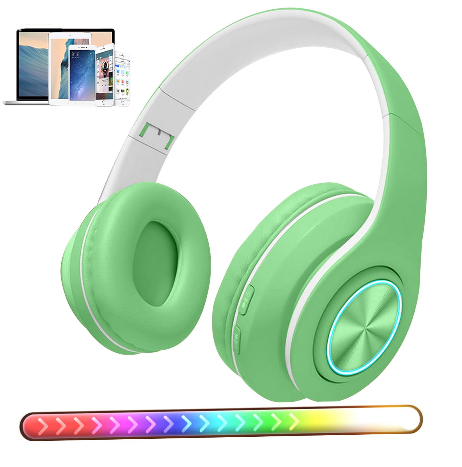 Wireless Bluetooth Over-Ear Headphones with Colorful LED Lights, Foldable Hi-Fi Stereo Sound & Built-in Mic - Wired/Wireless for PC, Mobile, Gaming, Travel & Home Office (Green) - Perfect for Music Lovers, Online Classes & Remote Work