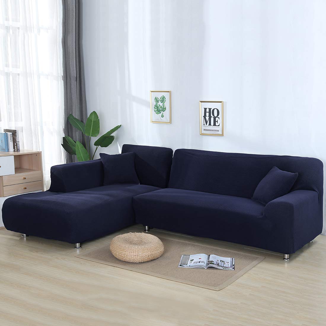 MIFXIN Jacquard L-Shaped Sofa Cover 2-Piece Stretch Polyester Slipcover - Sofa Protector for Sectional Couches, Dark Blue - Perfect for Living Room Decor & Home Protection