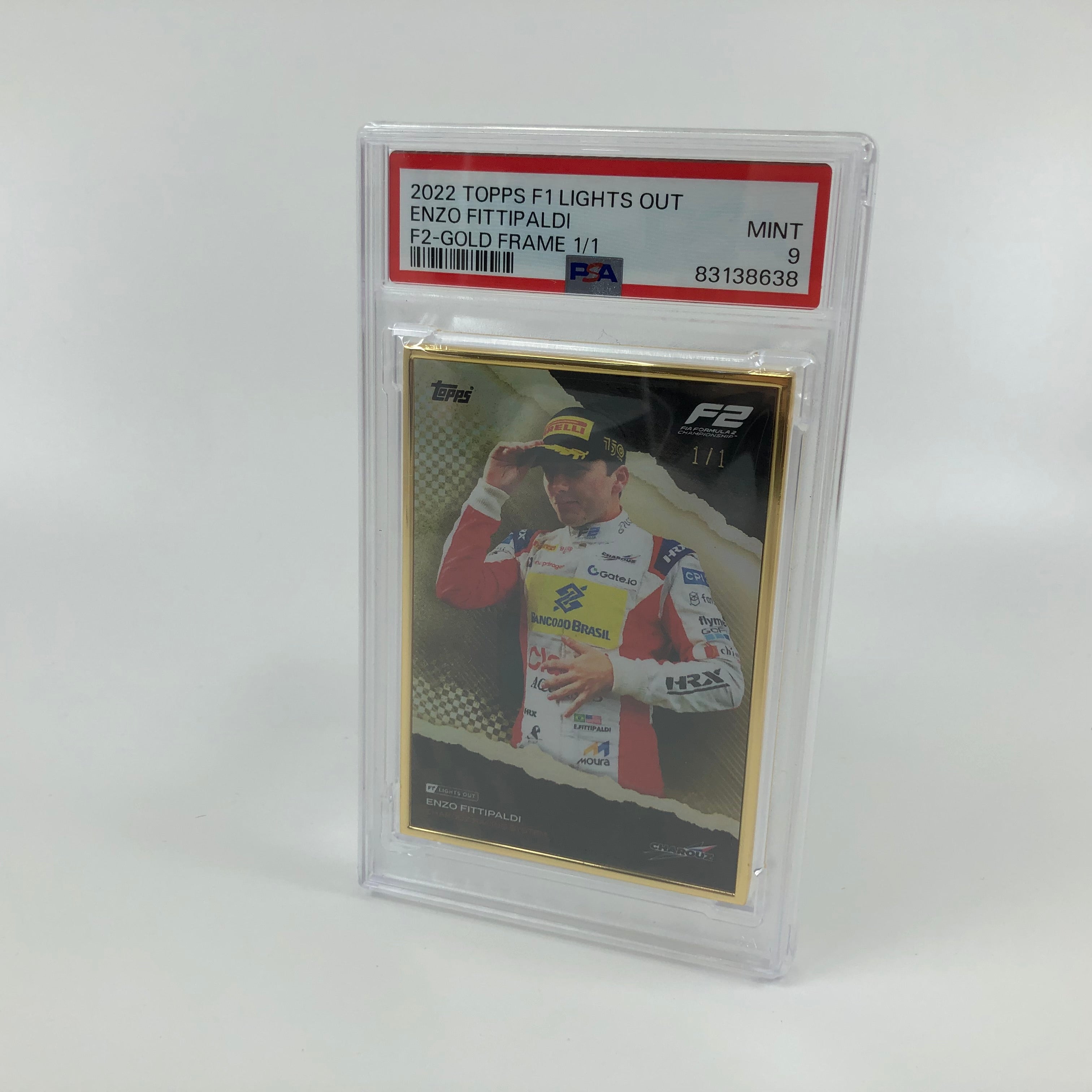 Enzo Fittipaldi 2022 Lights Out F2 Driver 1/1 Gold Frame PSA 9 Graded Trading Card - Perfect for Motorsport Collectors and Racing Memorabilia Displays