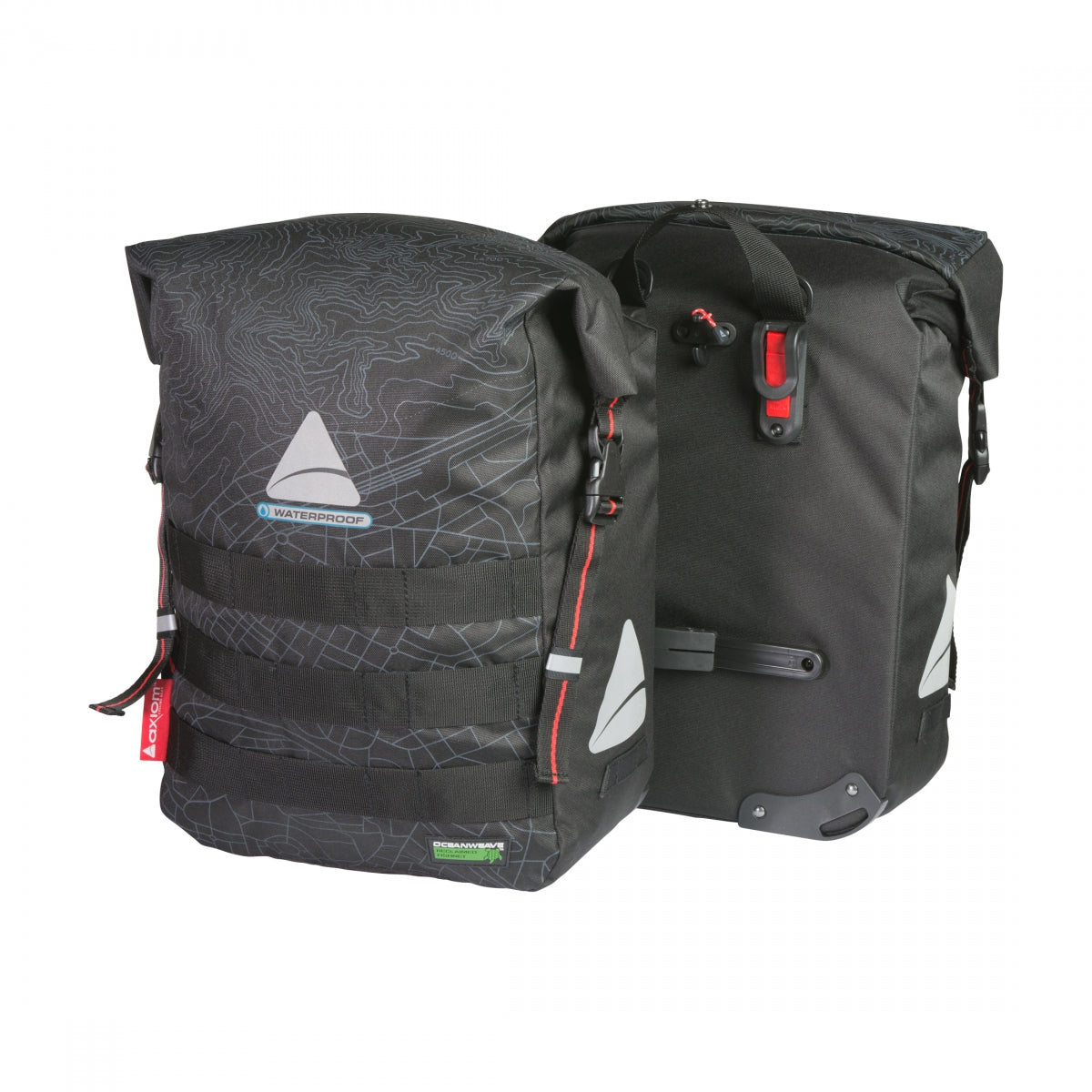 Axiom Monsoon Oceanweave 45+ Pannier Bike Bag - Black, 16.9x11.8x6.9 Inches (Pair) - Waterproof Hook-On Bicycle Panniers for Commuting, Touring & Grocery Shopping