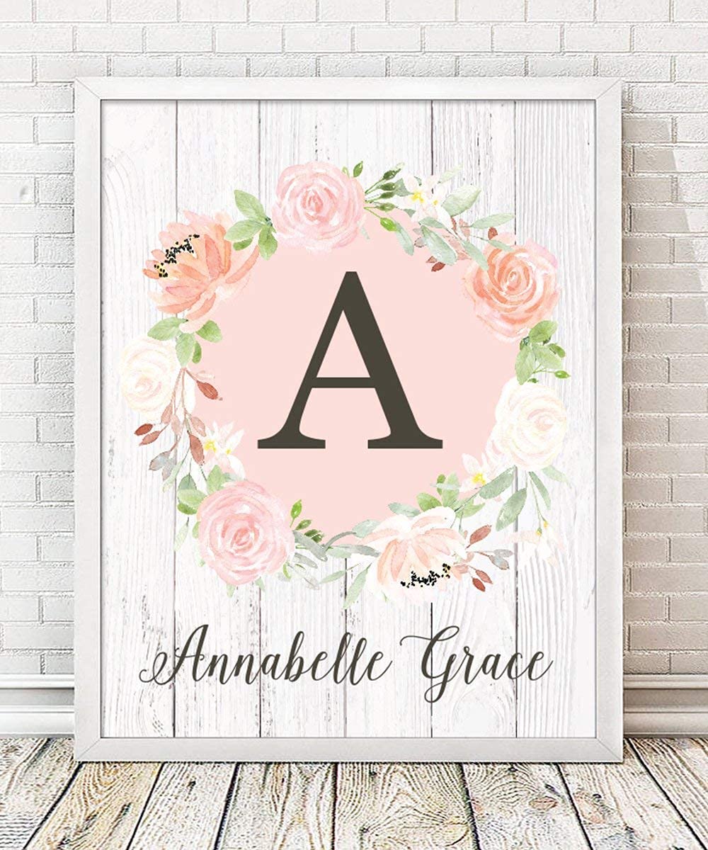 Personalized Girls Monogram Paper Art Print - Rustic Wood Nursery Name Sign for Baby Girl's Room, Pink Floral Nursery Decor, Dorm Wall Art - Perfect for Baby Showers, Birthday Gifts & Home Decoration