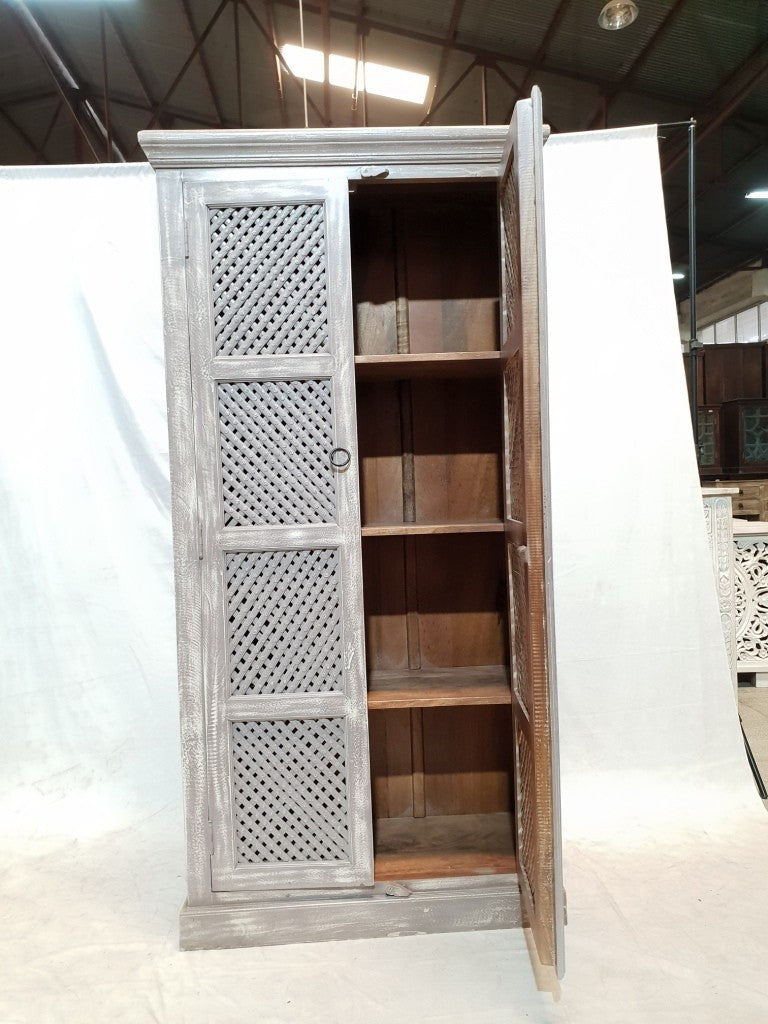 French Style Jali Carved Cabinet Pantry Cupboard - Grey & White Rustic Design (180cm) for Living Room, Dining Room & Kitchen Storage