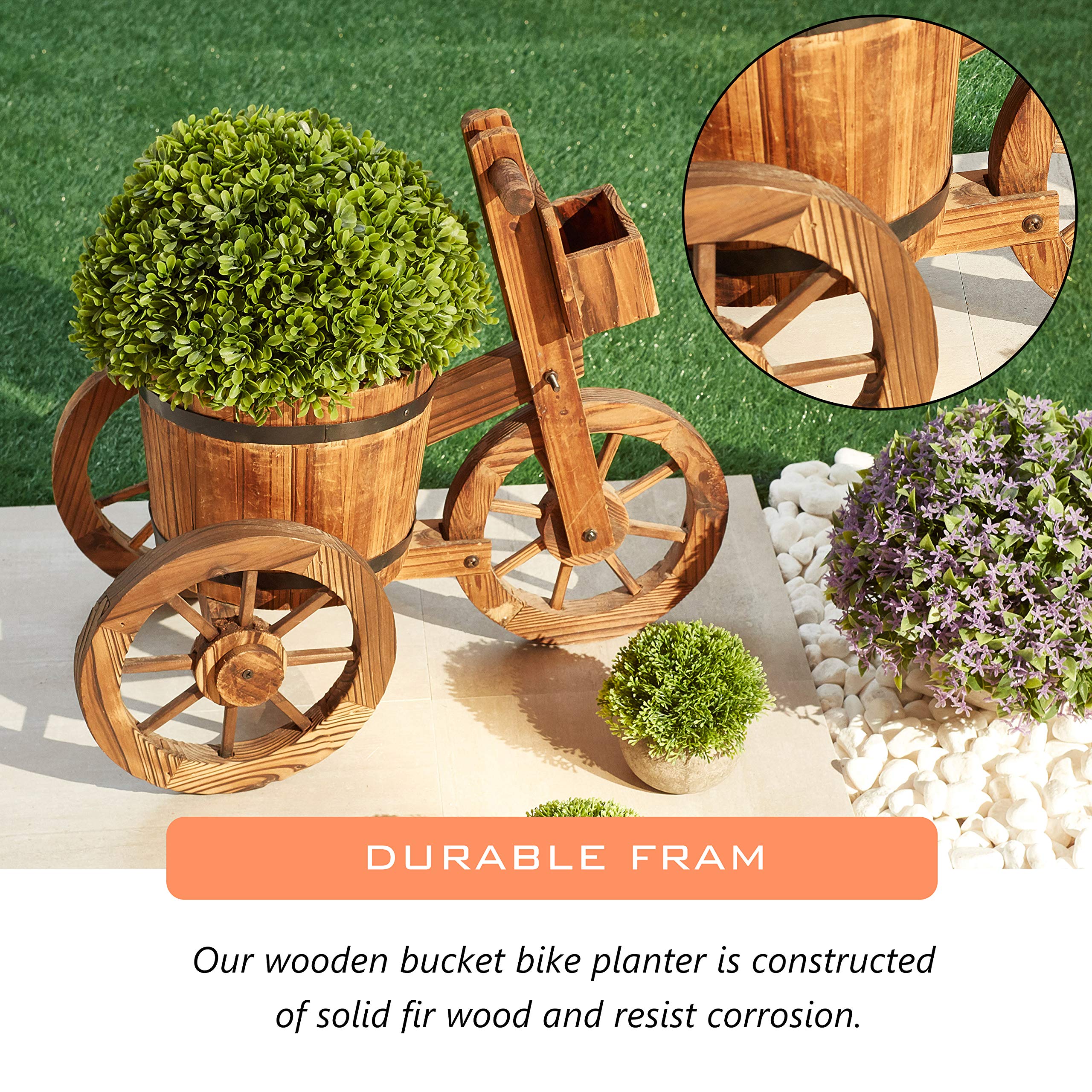 LOKATSE HOME Wooden Barrel Tricycle Planter Wagon - Rustic Garden Decor for Outdoor & Indoor Use - Perfect for Flowers, Plants, and Home Decoration - Brown