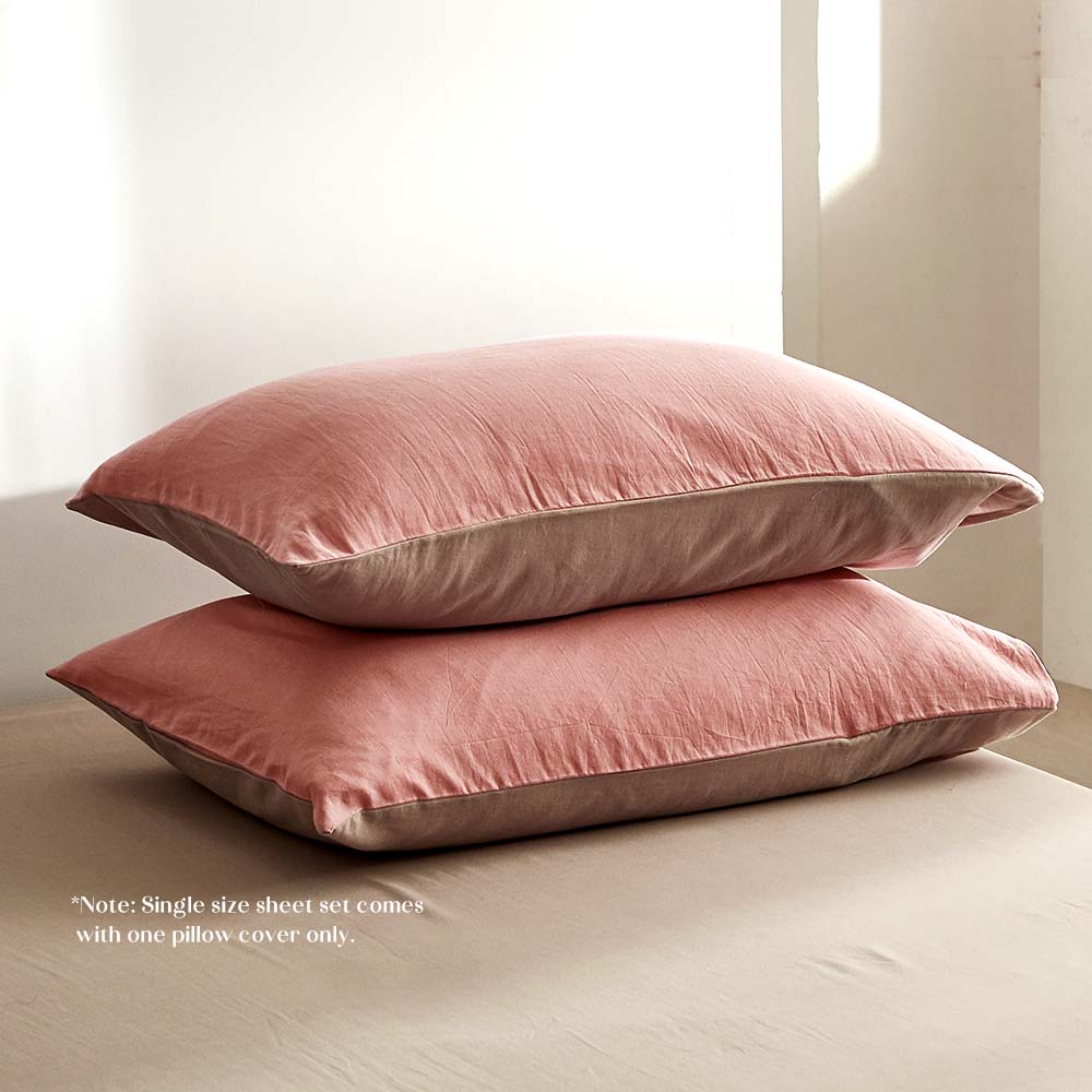 Luxury Washed Cotton Sheet Set - Soft & Breathable Pink Brown Single Size - Perfect for Bedroom, Guest Room, and Dorm Comfort