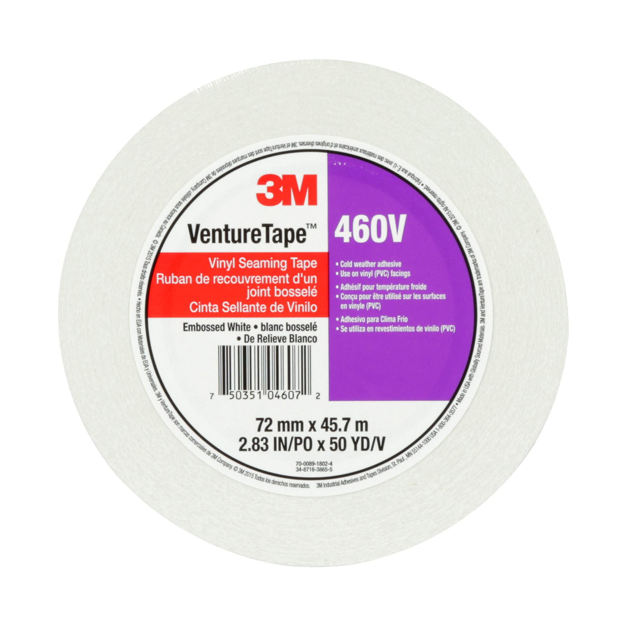 3M Venture Tape Vinyl Seaming Tape 460V - White, Embossed, Cold Weather Adhesive, 2.83