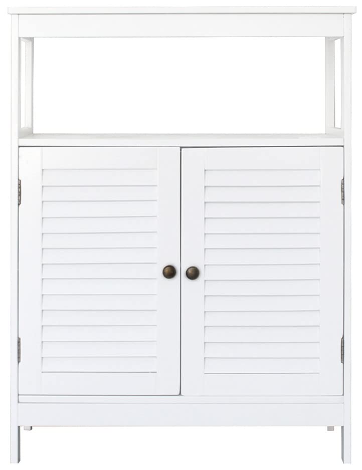White Wooden Bathroom Storage Floor Cabinet with Adjustable Shelf & Double Shutter Door - Free Standing Kitchen Cupboard Organizer for Bathroom, Bedroom & Laundry Room Storage Solutions