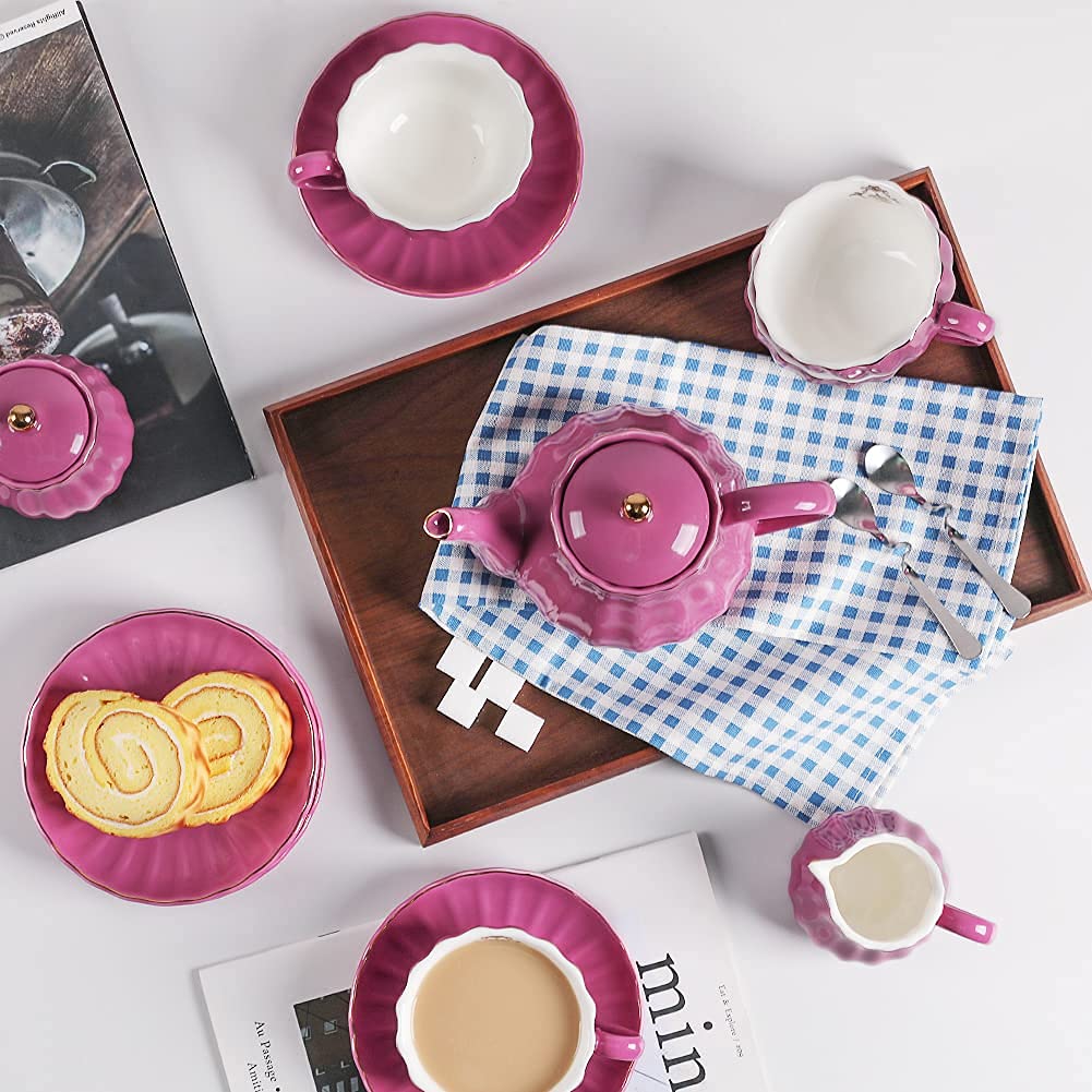 SWEEJAR British Royal Porcelain Tea Set - 8 OZ Teacups with Saucers, Teapot, Sugar Bowl, Cream Pitcher, Teaspoons & Tea Strainer + 3-Tier Ceramic Cake Stand | Elegant High Tea, Wedding, Bridal Shower & Afternoon Party Serving Set