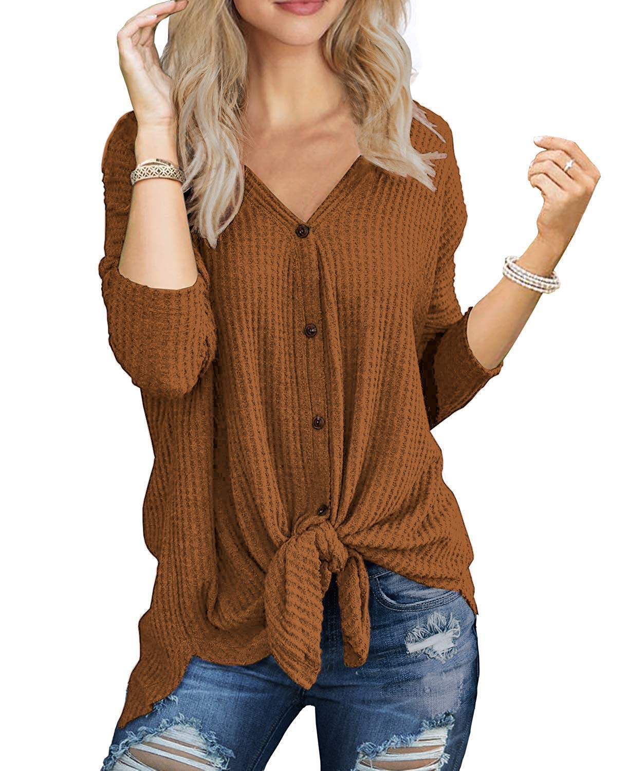 MOLERANI Women's Waffle Knit Tunic Blouse - Tie Knot Henley Top with Loose V-Neck & Batwing Sleeves - Casual Plain Shirt for Work, Date Night and Everyday Wear