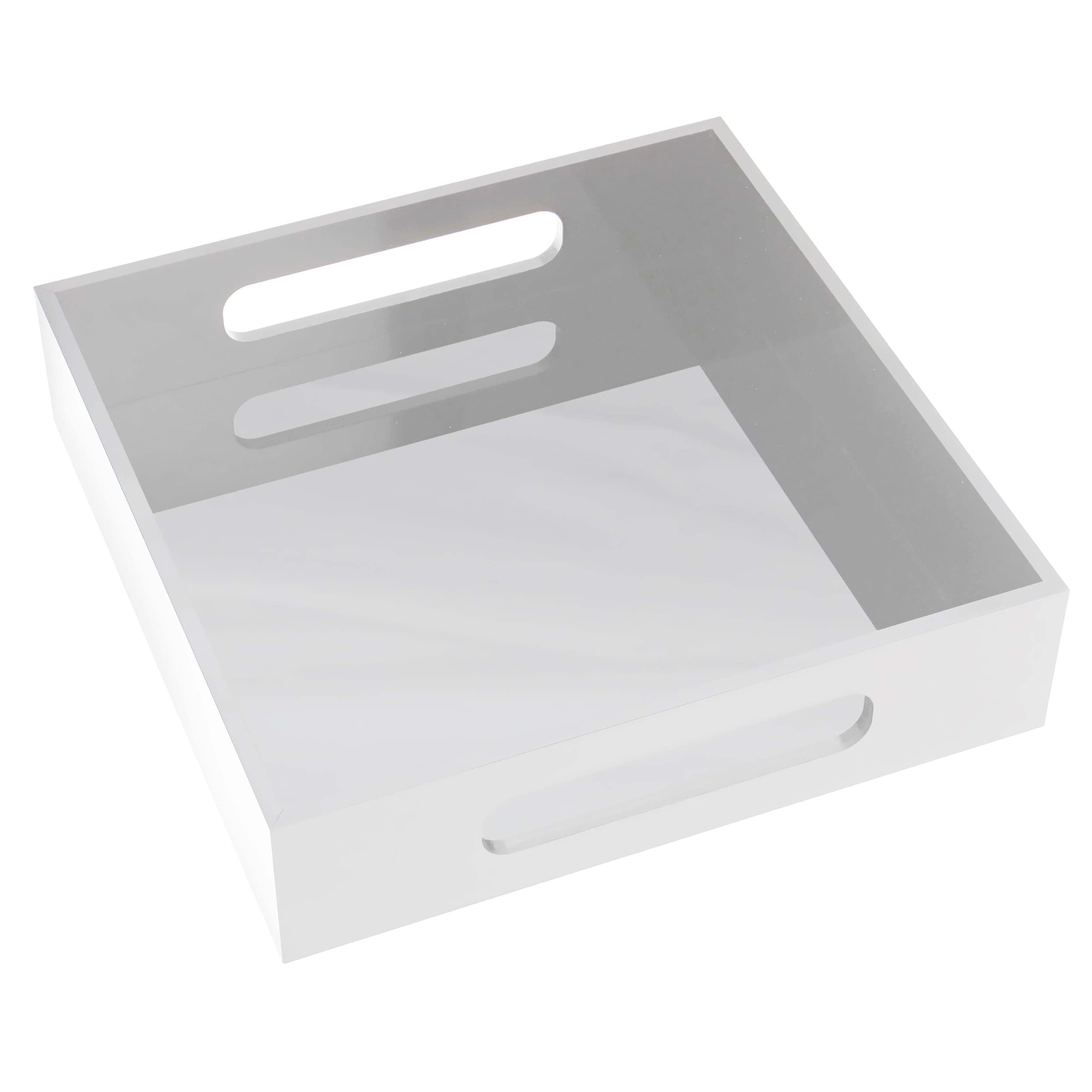 White Acrylic Vanity Tray with Handles - 8x8 Inch Square Decorative Organizer for Makeup, Jewelry & Bathroom Essentials - Perfect for Dressing Table, Countertop & Home Decor