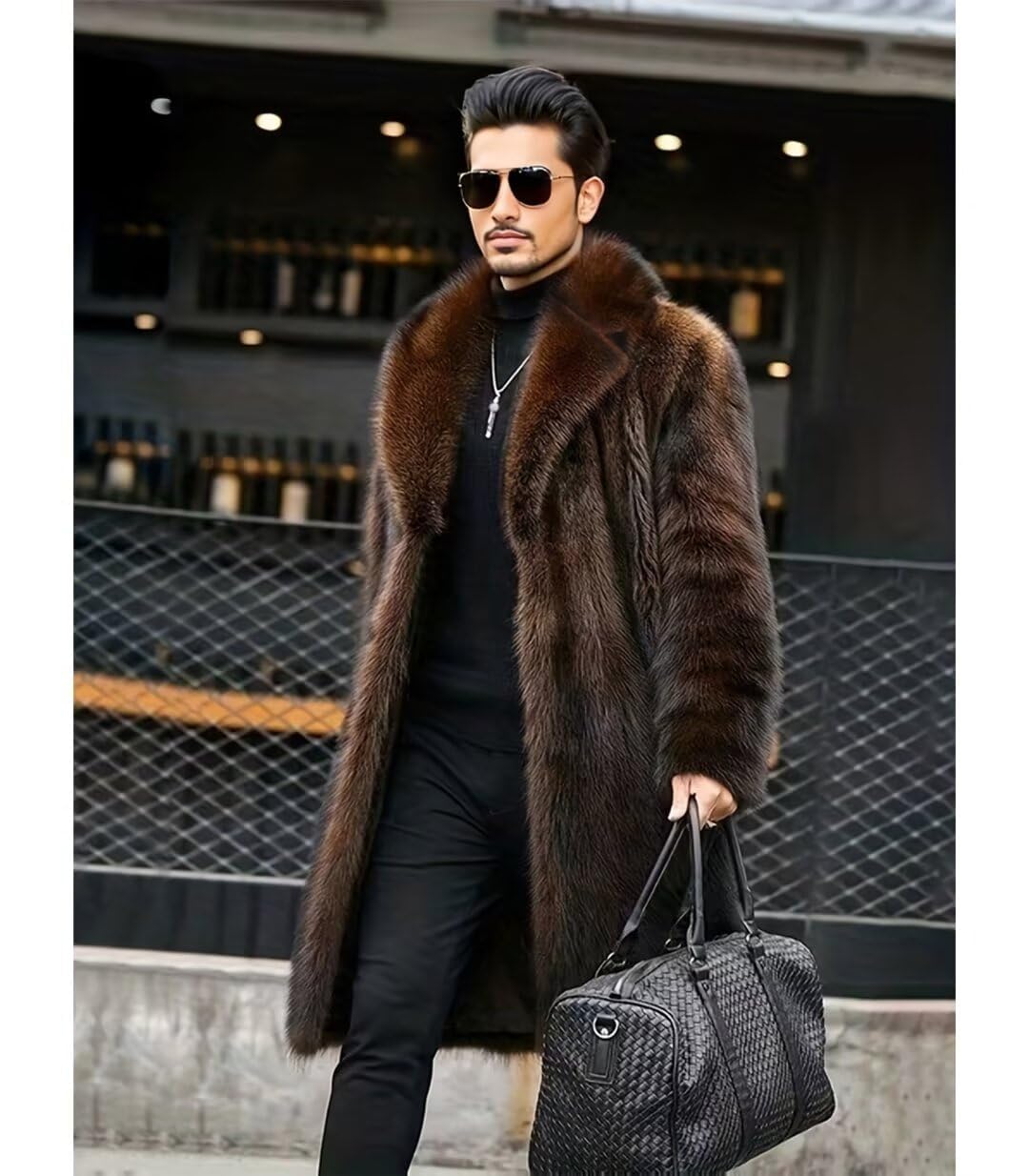 INVACHI Men's Faux Fur Winter Coat - Long Plush Mink Trench Coat for Men | Warm Thick Fluffy Jacket for Cold Weather, Outdoor Activities & Fashion