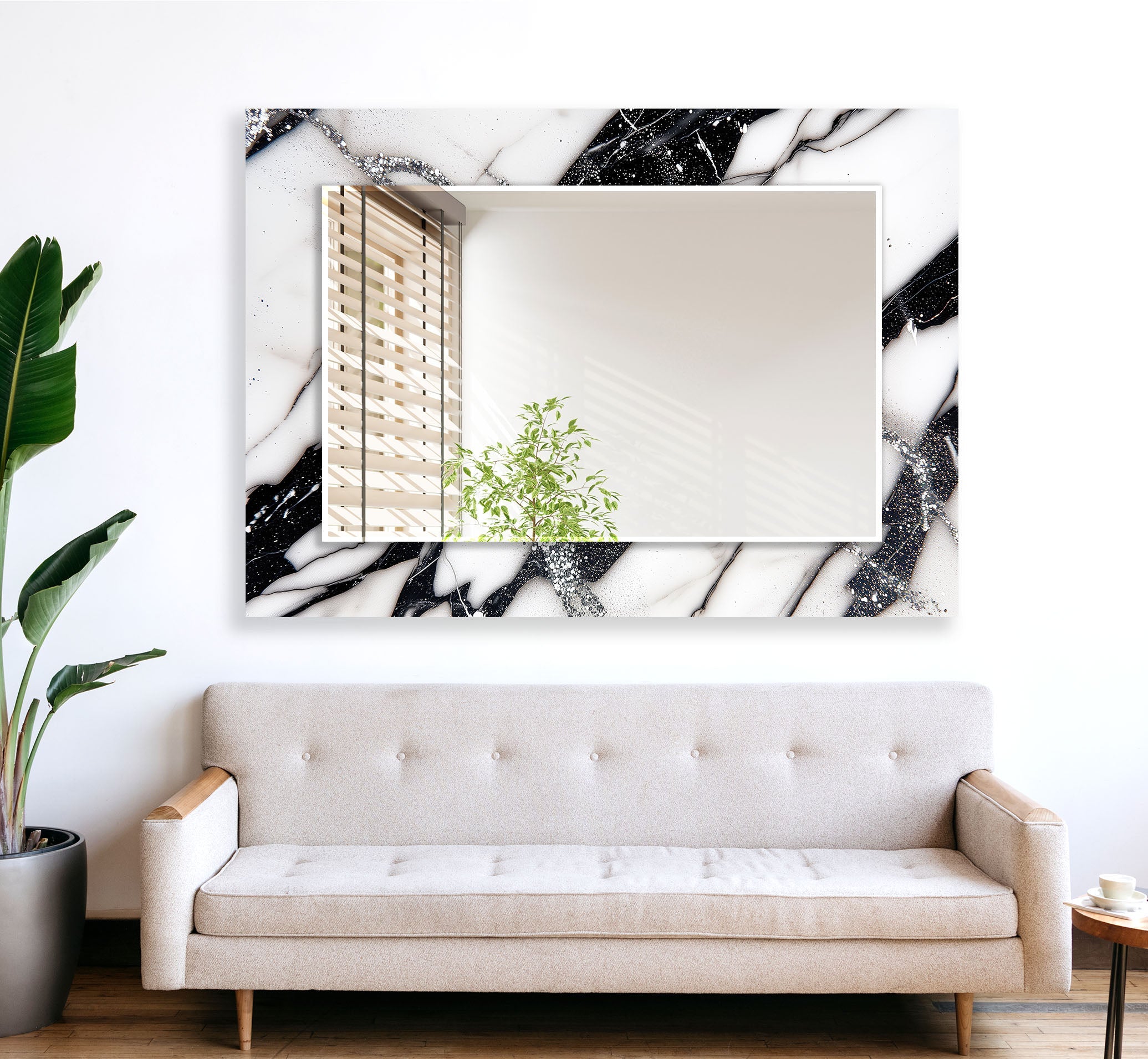 Elegant Black and White Marble Wall Mirror - Modern Home Decor for Living Room, Bedroom, or Entryway