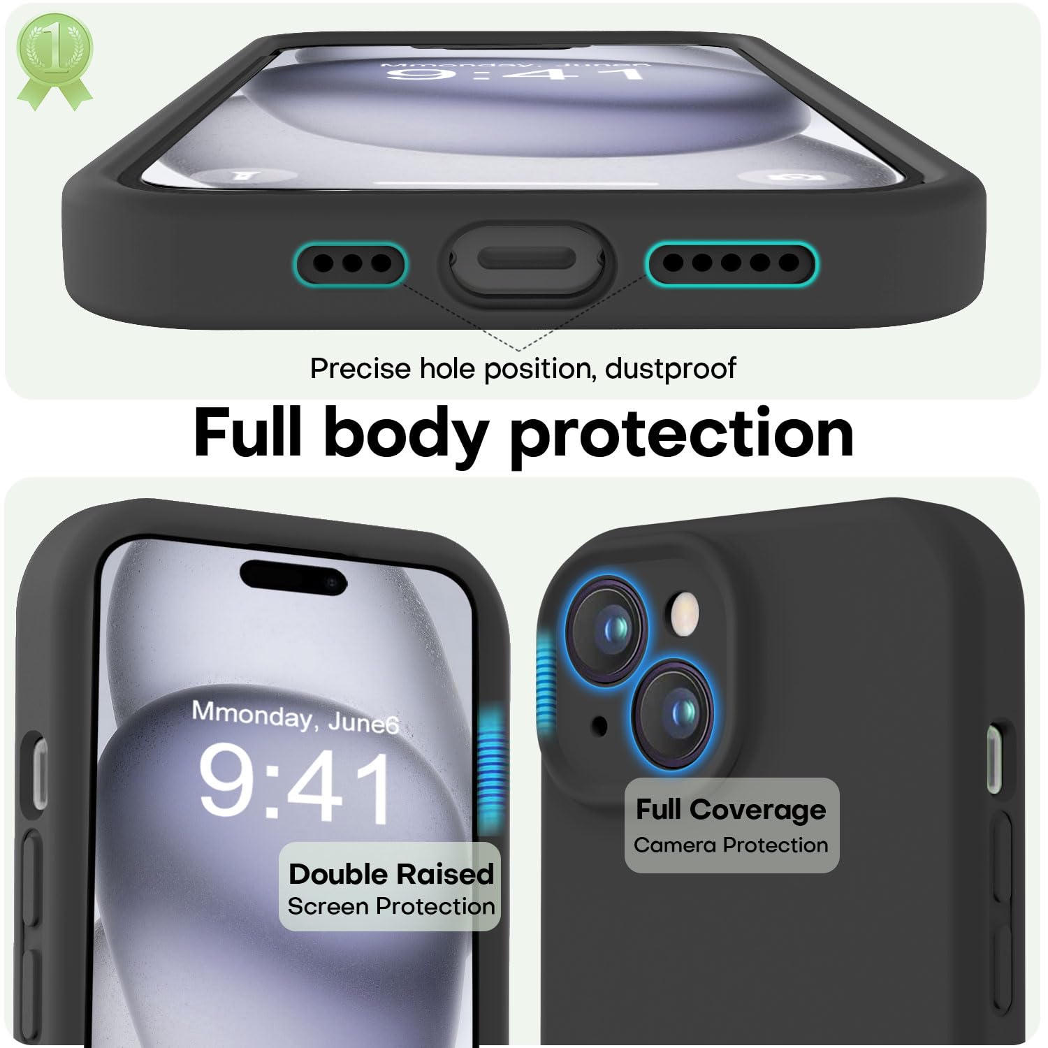 LOVE 3000 iPhone 15 Case 6.1 Inch - Shockproof Silicone Cover with 8ft Drop Protection, Full Body Camera Protection & Soft Microfiber Lining - Perfect for Daily Use, Outdoor Activities & Travel (Black)