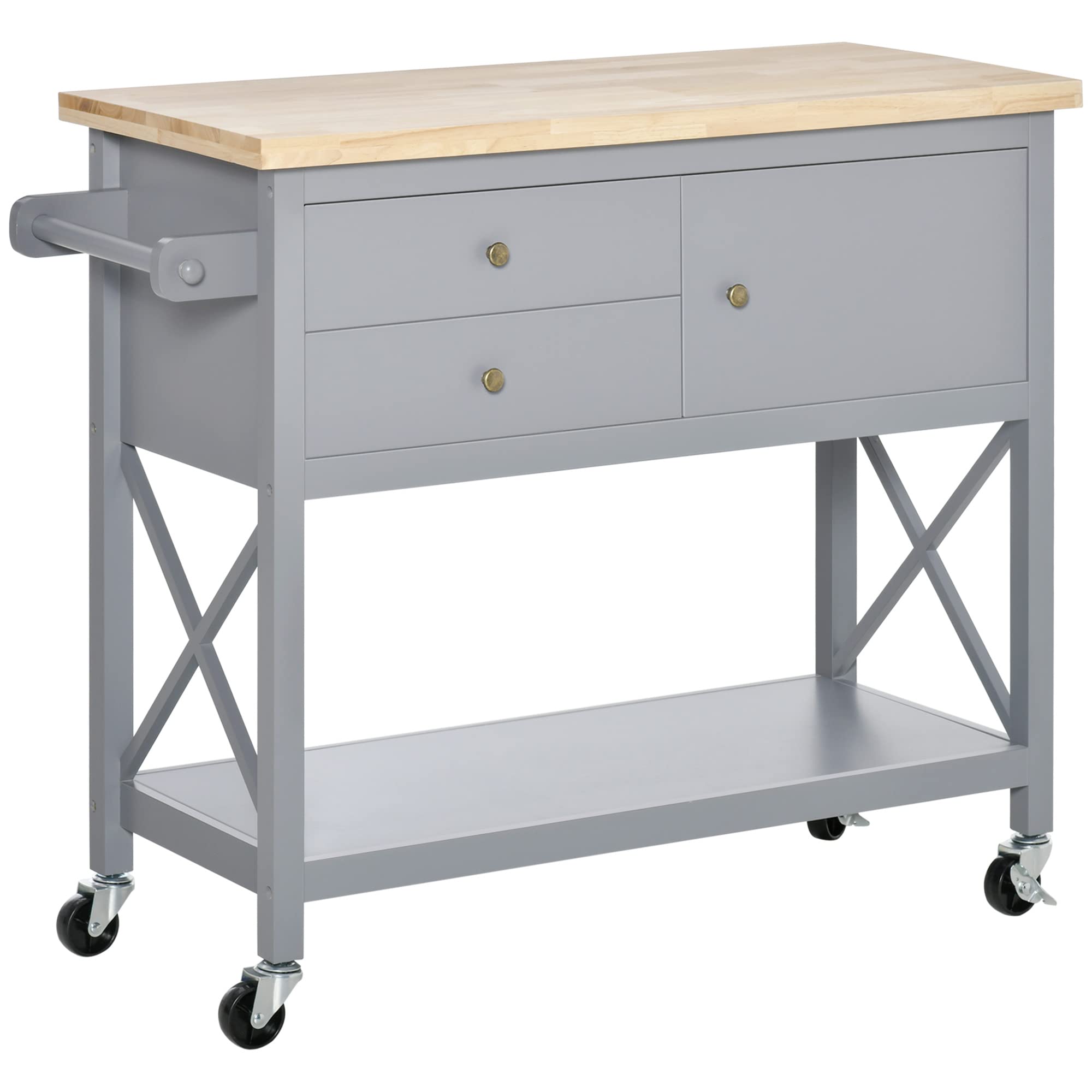 HOMCOM Rolling Kitchen Island Cart with Rubberwood Top, 2 Drawers & Towel Rack - Grey Storage Cabinet Utility Trolley for Small Spaces, Apartment Cooking & Dining Room Organization