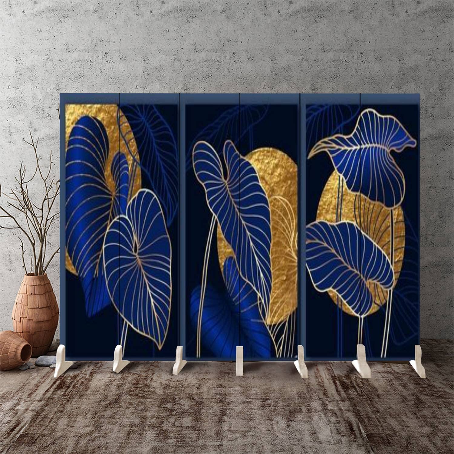 Luxury 6-Panel Canvas Room Divider Screen with Dark Blue & Gold Texture - Golden Sun Moon Design - Folding Privacy Partition for Bedroom, Office & Living Room Separator