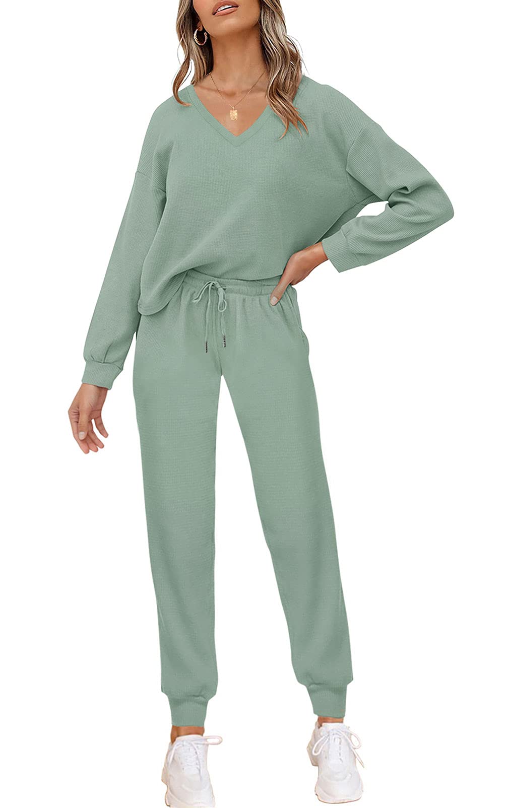 PIIRESO Women's 2-Piece V-Neck Waffle Knit Loungewear Set - Long Sleeve Top & Jogger Pants with Pockets | Comfortable Casual Outfit for Home, Yoga, and Travel