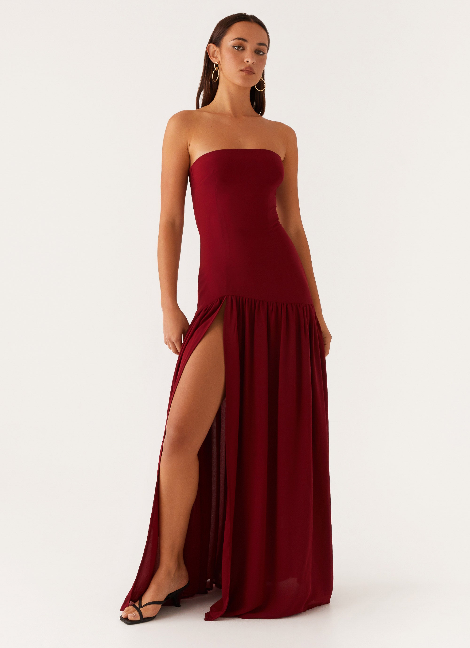 Eden Strapless Maxi Dress in Maroon - Elegant Long Formal Gown for Weddings, Parties & Evening Events