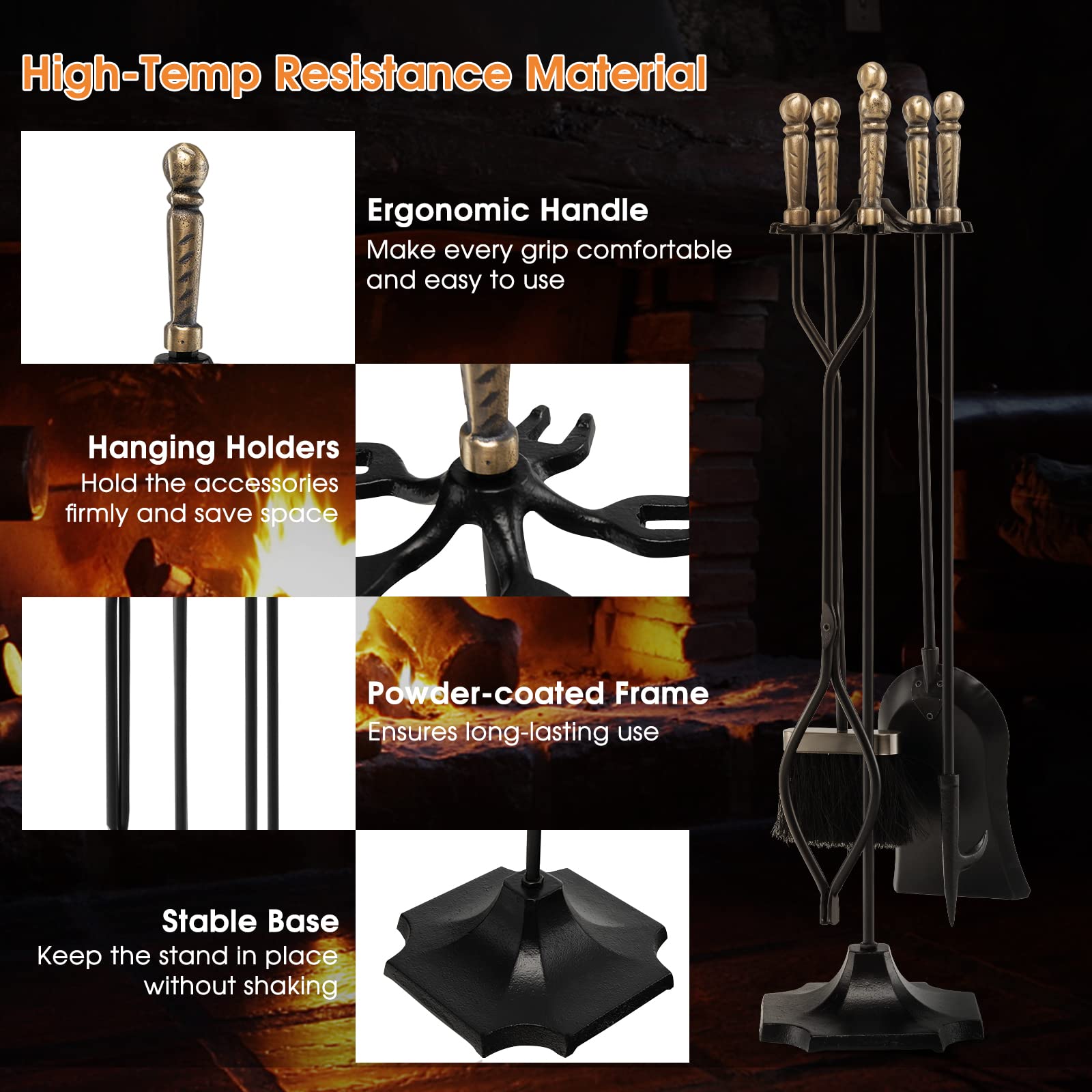 IRONMAX 5-Piece Fireplace Tools Set - Heavy Duty Wrought Iron Fire Pit Accessories with Brush, Shovel, Poker & Tongs - Indoor/Outdoor Fireplace Tool Set for Wood Stove, Fireplace & Campfire Use
