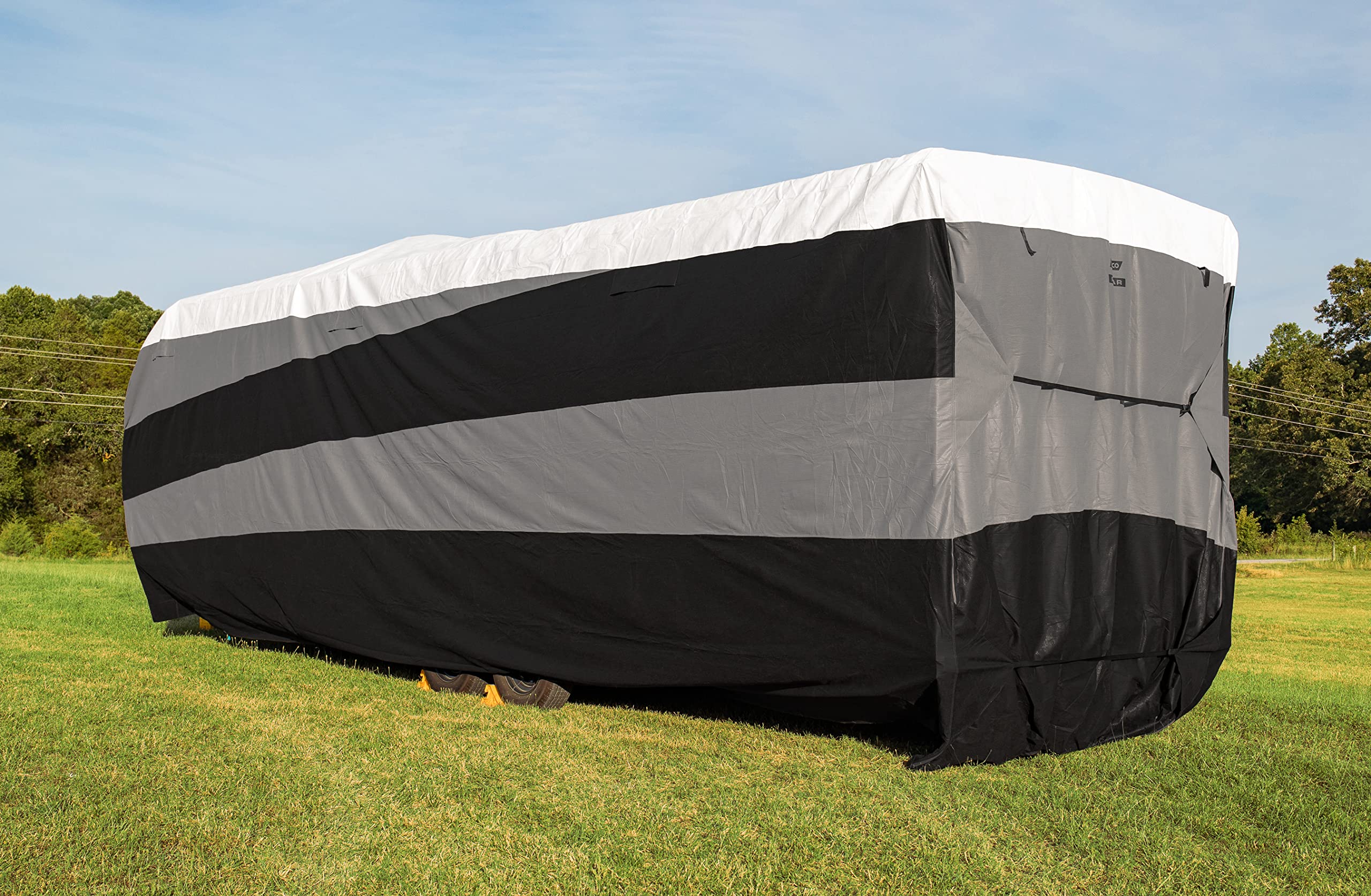 Camco ULTRAGuard Supreme RV Cover for Toy Hauler Trailers Up to 20-Ft | Heavy-Duty Polypropylene & DuPont Tyvek Material | Zipper Entry Doors & Ventilated Design | Includes Storage Bag | Perfect for Outdoor RV Storage, Winter Protection, and Travel Organization (Model 56156)