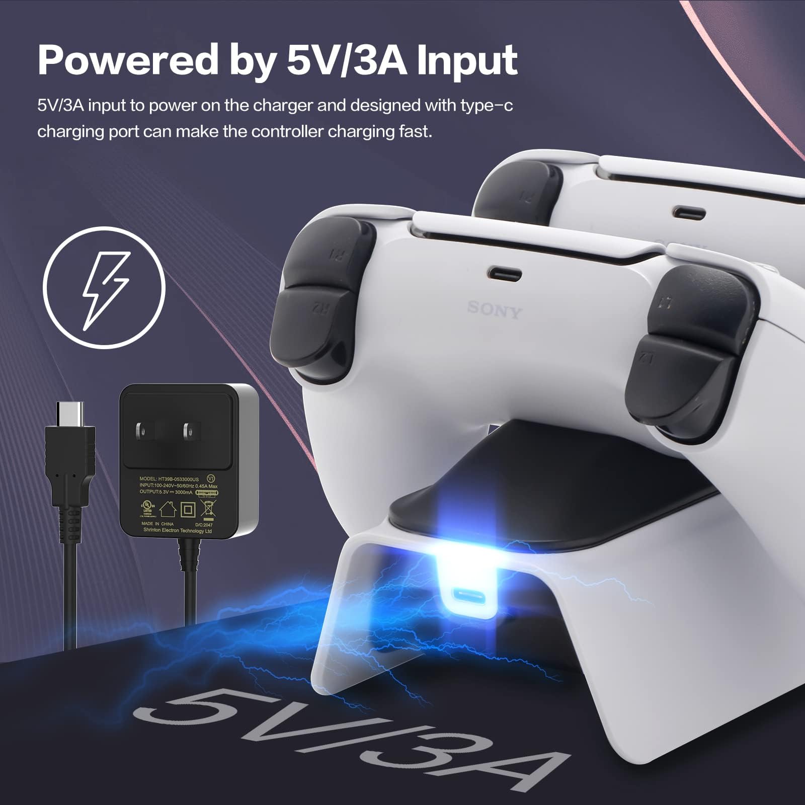 Fast Charging PS5 Controller Charger Station with LED Light & 5V 3A Adapter - DualSense Charging Dock for PlayStation 5 - Perfect for Gaming Sessions & Multiplayer Setups