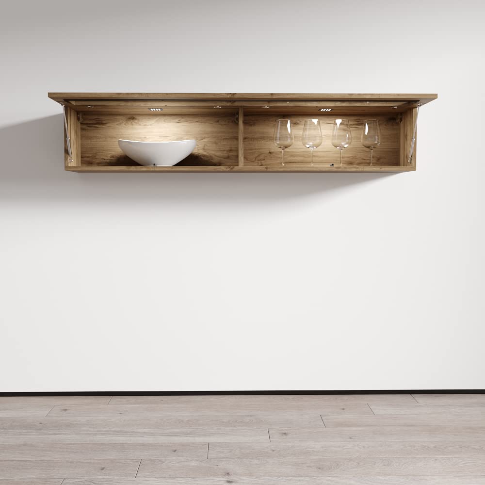 Modern Floating Media Cabinet with LED Lights - Durable Wooden Wall-Mounted Storage Unit - High Gloss Finish Oak TV Stand for Living Room & Bedroom - Perfect for Organizing Electronics & Home Decor