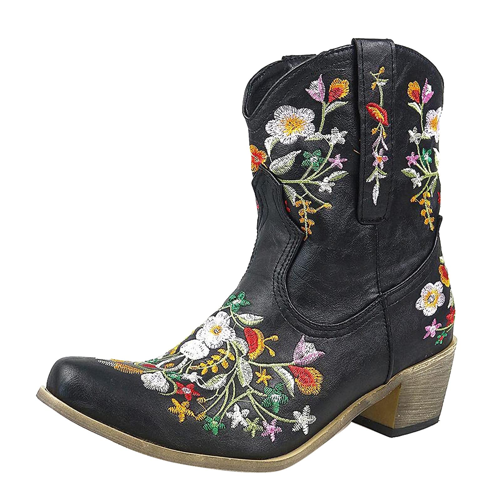Vintage Embroidered Cowboy Ankle Boots for Women - Retro Western Style Booties (Black, Size 8.5) | Perfect for Country Dancing, Rodeo Events & Western Fashion Outfits