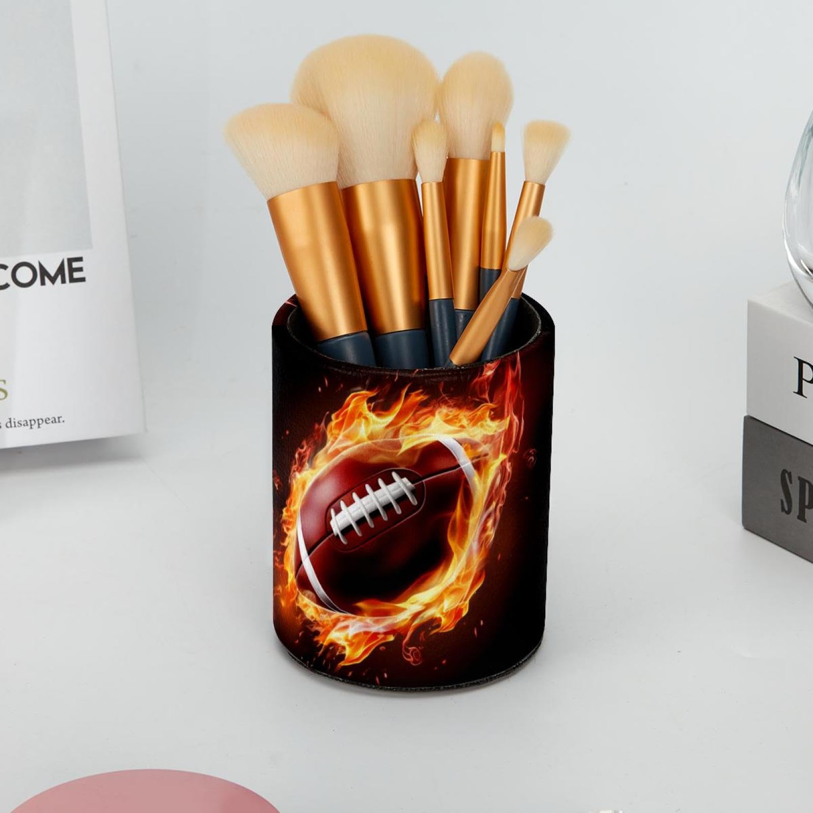 Stylish Pen Holder for Desk - American Football & Fire Themed Pen Organizer - Perfect Desk Accessories for Office, School & Home Use