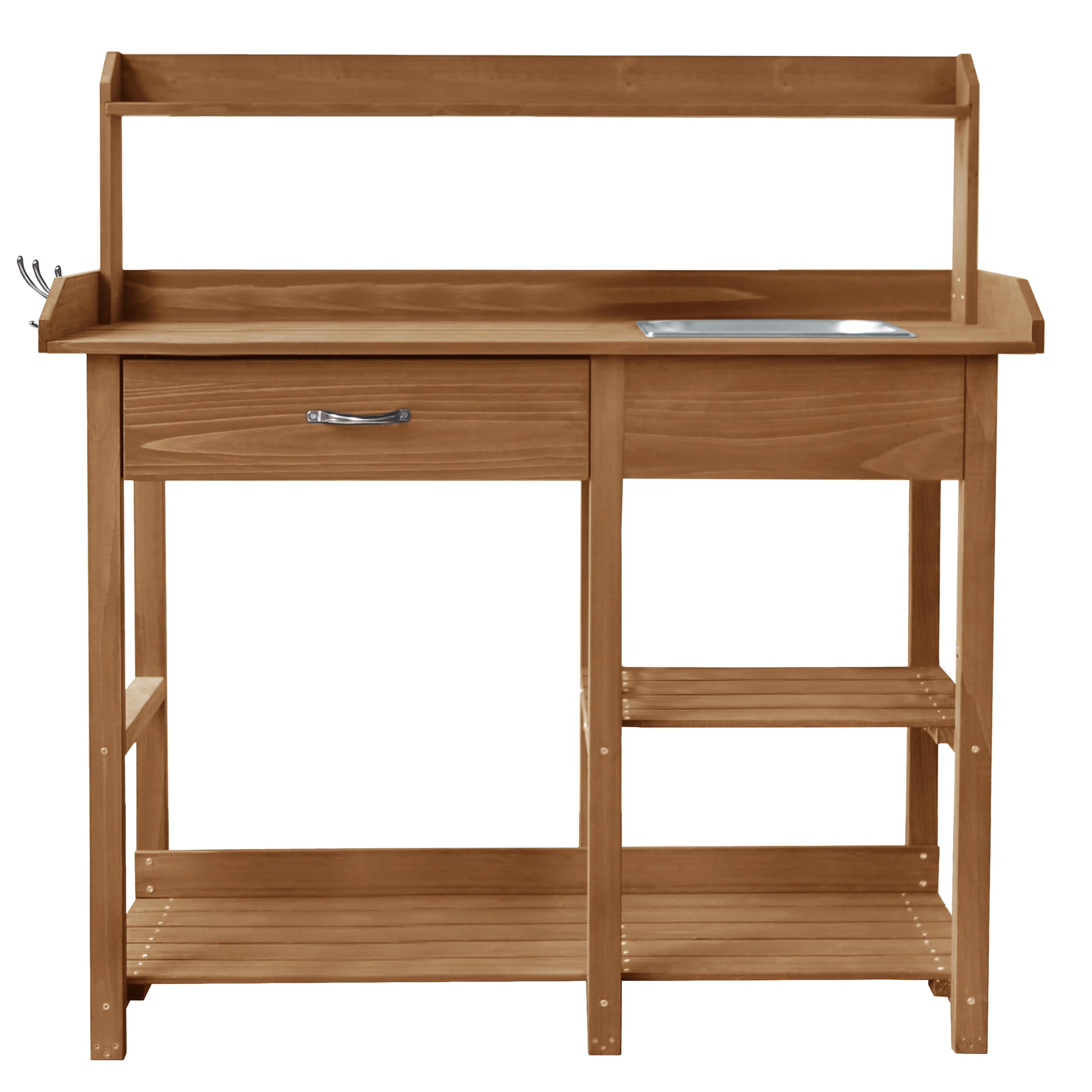 Outdoor Wood Potting Bench with Removable Stainless Steel Sink - Garden Workstation with Shelves, Drawers & Hooks - Perfect for Planting, Gardening & Outdoor DIY Projects - Natural Wood Finish