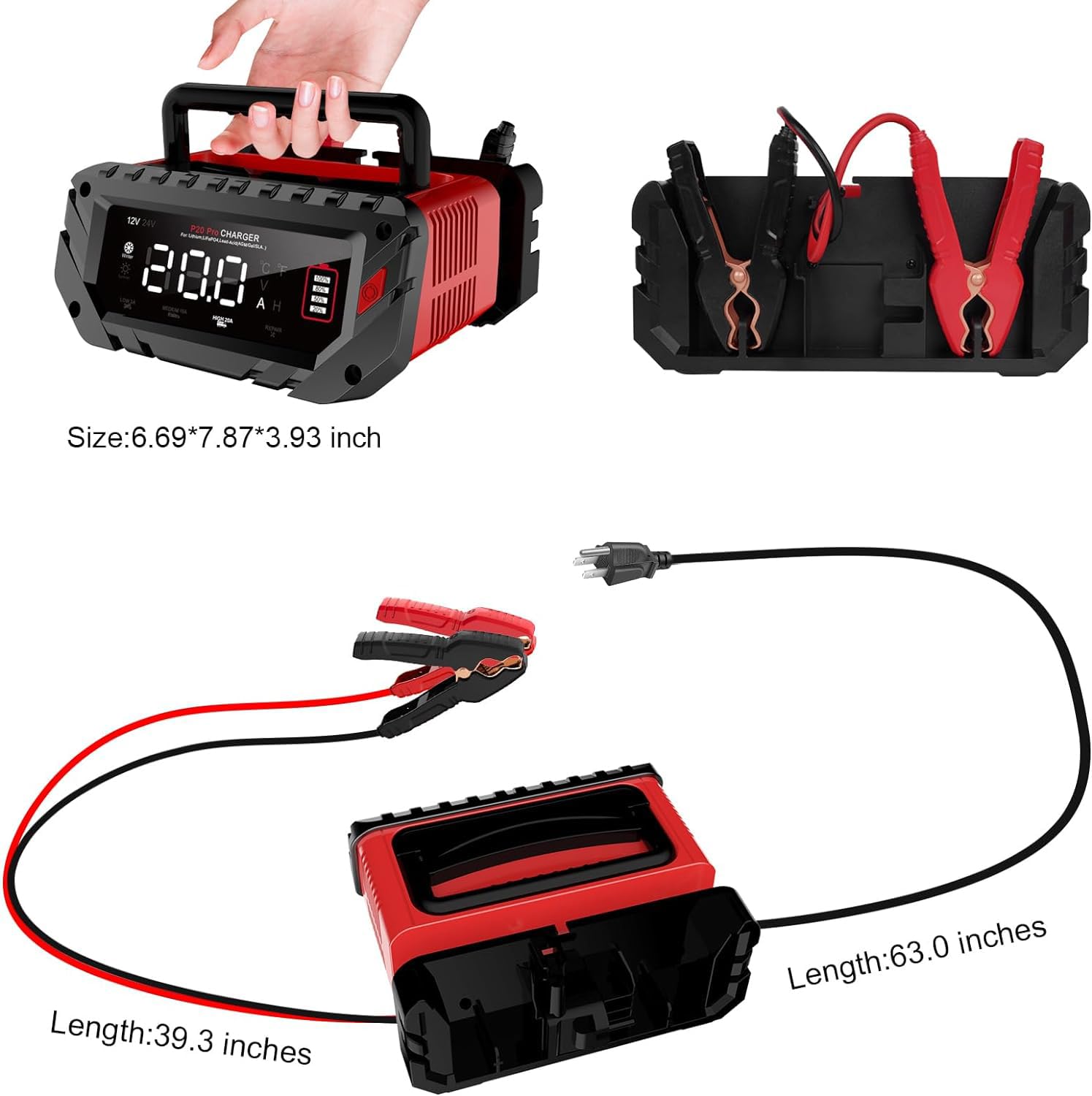 20A Smart Battery Charger 12V/24V - Fully Automatic Lithium/LiFePO4 Charger with Trickle & Pulse Repair - Car, Boat, Motorcycle, Lawn Mower Battery Maintainer - Perfect for Winter Storage & Seasonal Vehicle Maintenance