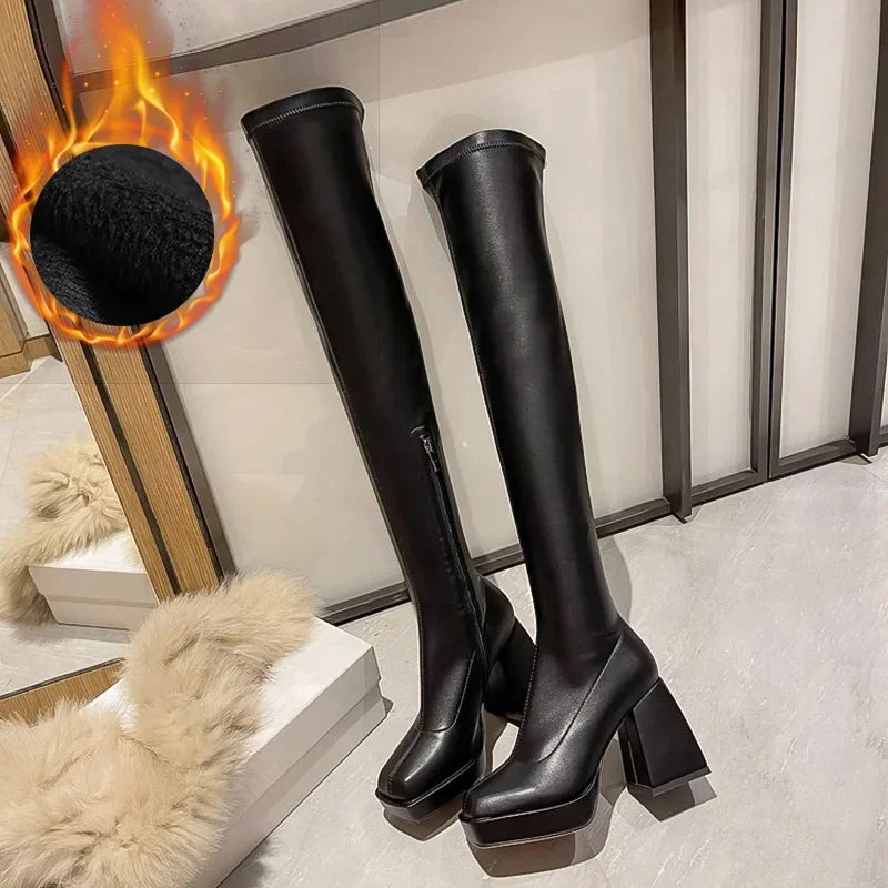 Stylish Black Long Boots for Women - Fashionable Square Toe High Heel Over The Knee Boots with Zippers | Winter Shoes & Elegant Modern Booties for Party, Office & Night Out