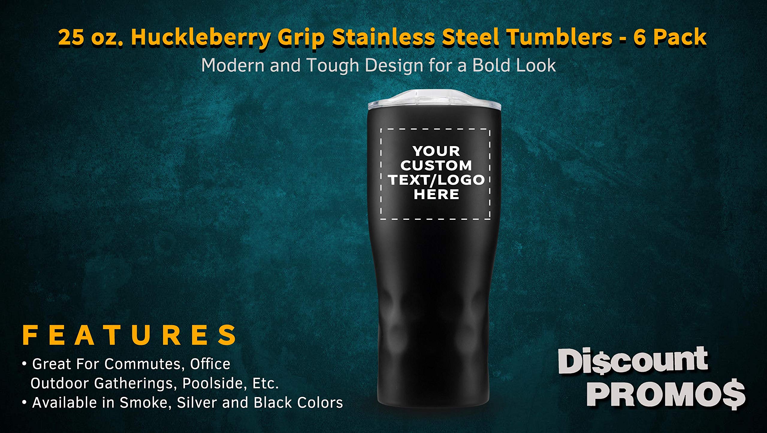 Personalized 25 oz Stainless Steel Tumblers with Huckleberry Grip - 6 Pack Custom Engraved Cups for Name, Logo - Black Insulated Travel Mug for Coffee, Tea, Camping & Office Use