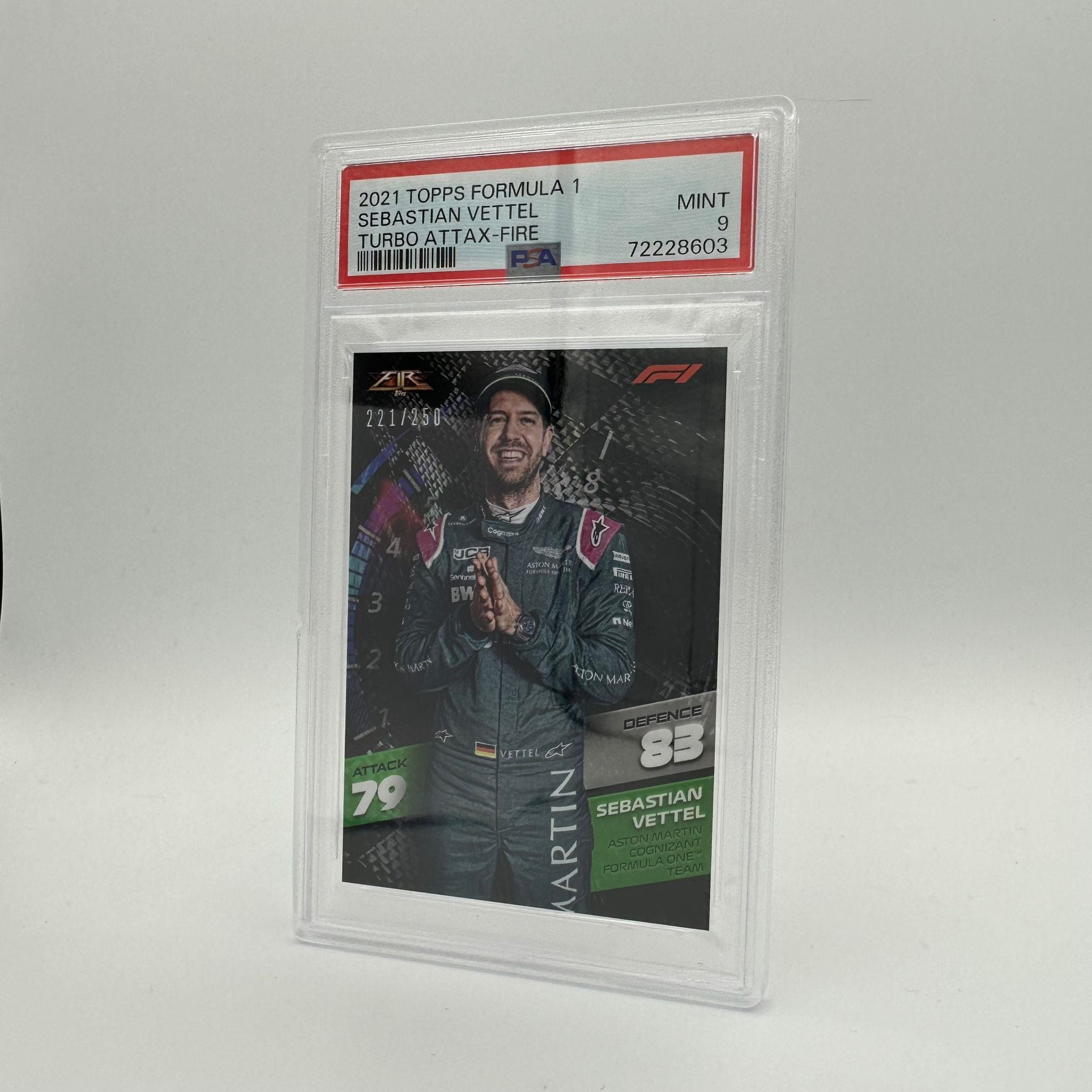PSA 9 Graded Sebastian Vettel /250 Fire Card - Rare Collectible for F1 Fans & Sports Memorabilia Enthusiasts