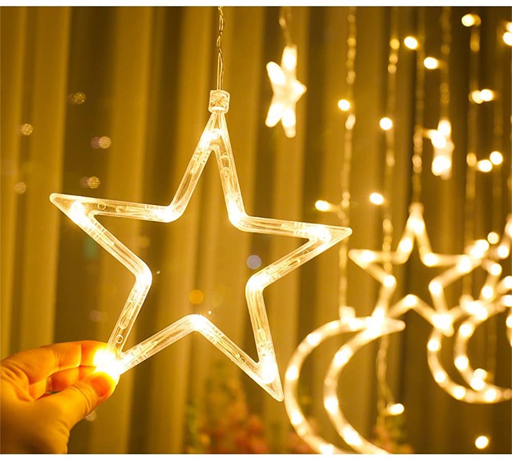 LED Fairy Lights with Moon & Star String - 8 Modes Waterproof Curtain Lights for Window, Fireplace, Garden, Patio - Perfect for Christmas, Eid Decorations & Party Lighting