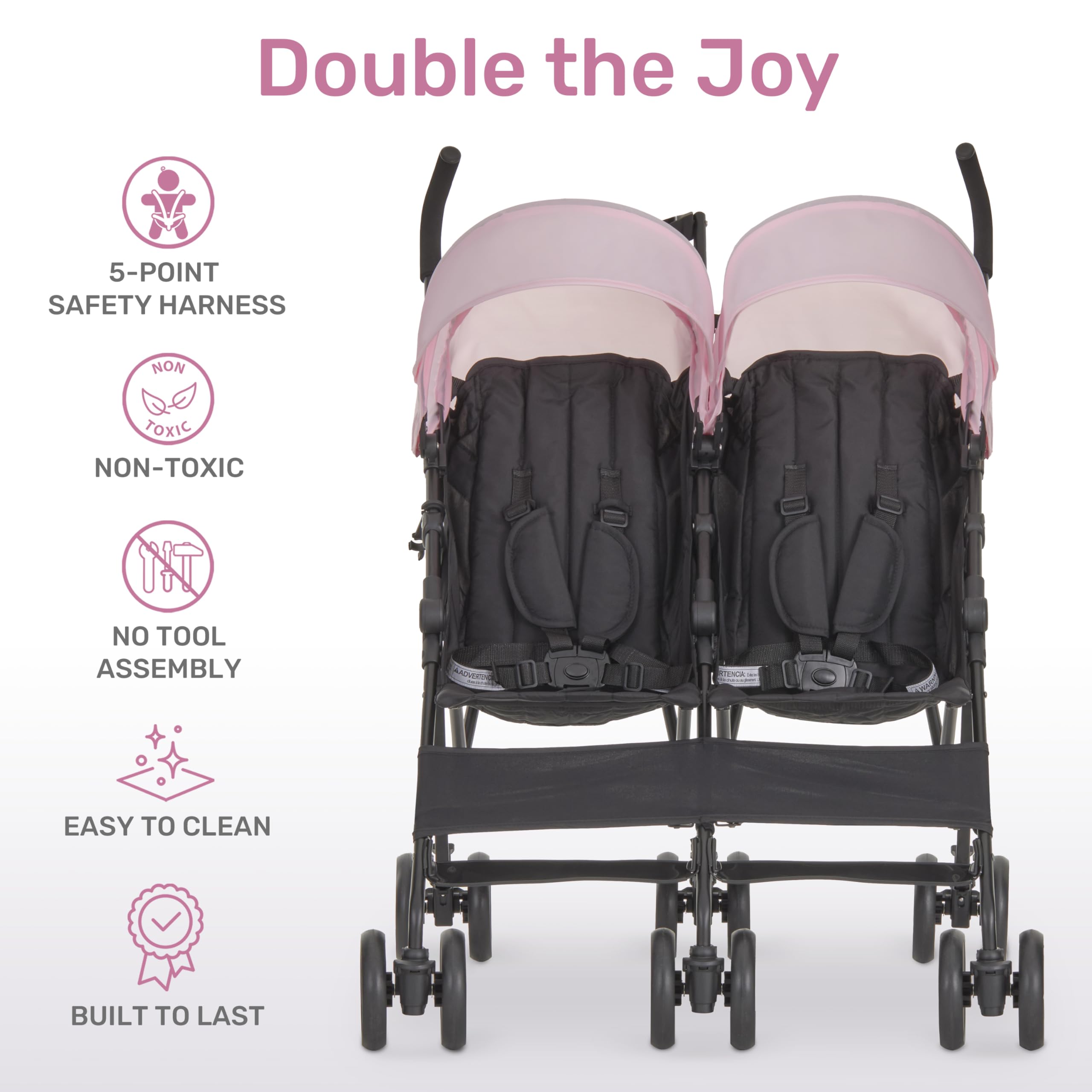 Dream On Me Twin Venture Umbrella Stroller - Lightweight Compact Double Stroller for Toddlers & Infants, Pink | Perfect for Travel, Shopping & Everyday Use