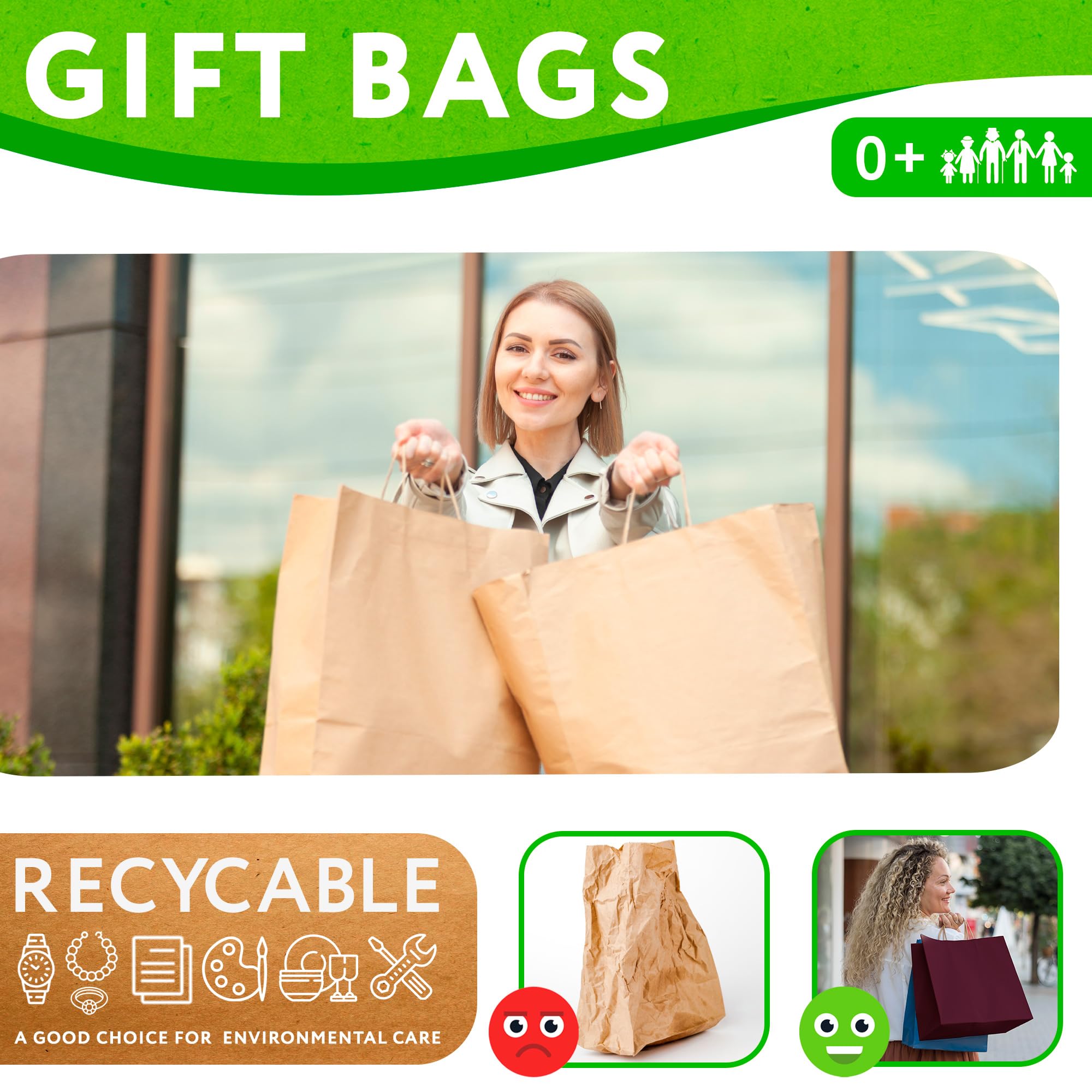 Eco-Friendly Kraft Paper Gift Bags with Rope Handles - 8x4.75x10.5 Inch (25 Pack) - 150 GSM Recyclable Shopping Bags for Wine, Christmas Presents & Retail Packaging | Perfect for Holiday Gifting, Boutique Shopping & Party Favors