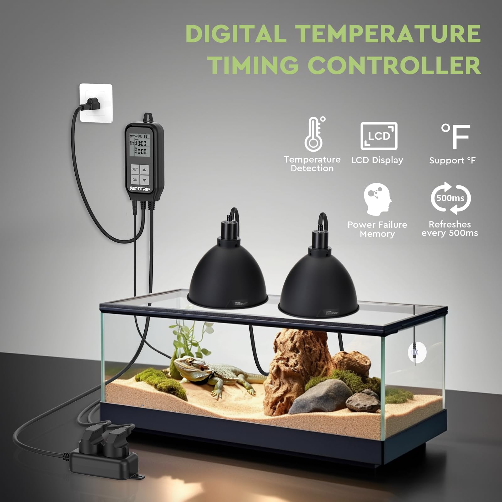 Reptile Thermostat & Light Timer - Digital Temperature Controller for UVB Light, Heat Lamp & Heating Pad - 10A 1250W Day/Night Cycle Thermostat with Thermometer - Perfect for Terrariums, Vivariums & Reptile Habitats