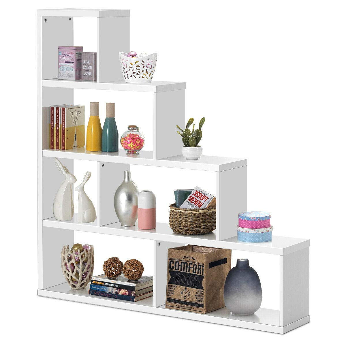 White 4-Tier Ladder Bookcase with 6 Cubes - Space-Saving Bookshelf for Books, Photos, Decor & Plants | Perfect for Bedroom, Living Room, Home Office & Small Spaces