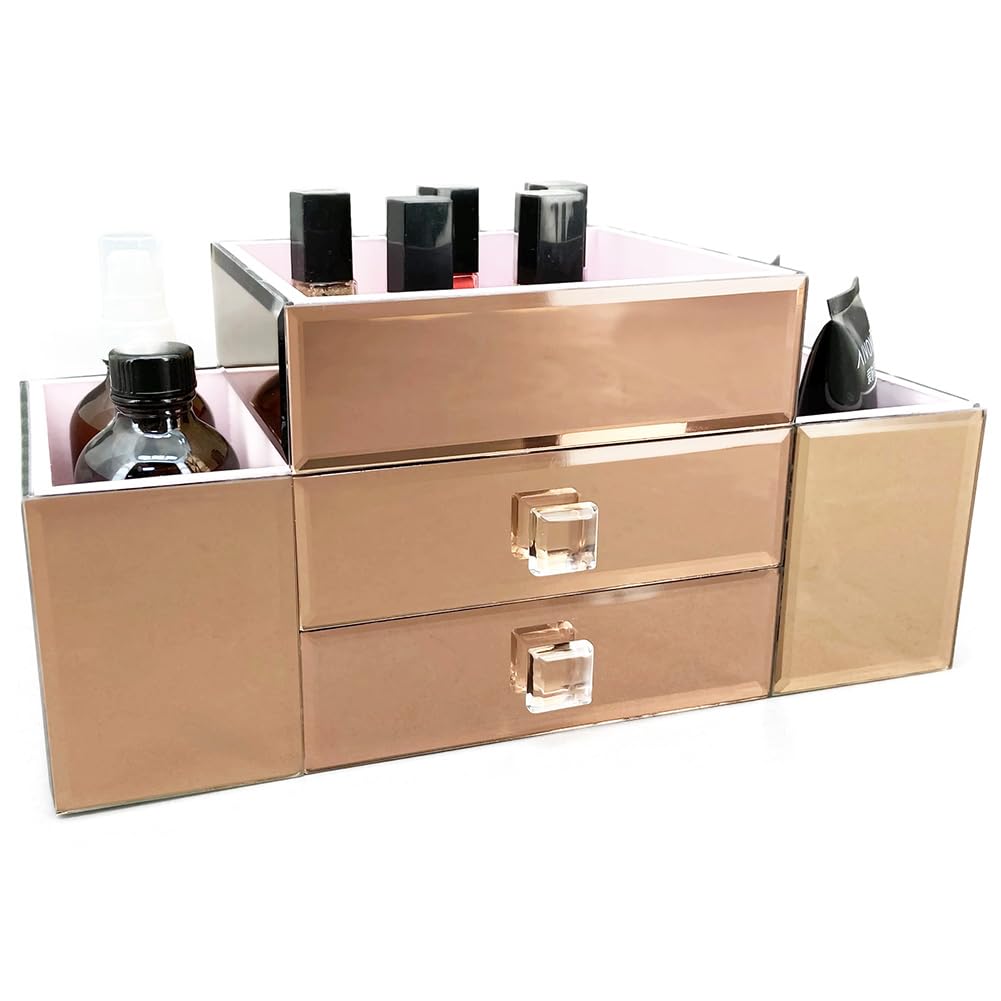 Emma 2 Drawer Tiered Mirrored Glass Makeup & Jewelry Organizer - Rose Gold Vanity Tray with Mirror for Bedroom Dresser & Bathroom Countertop Organization