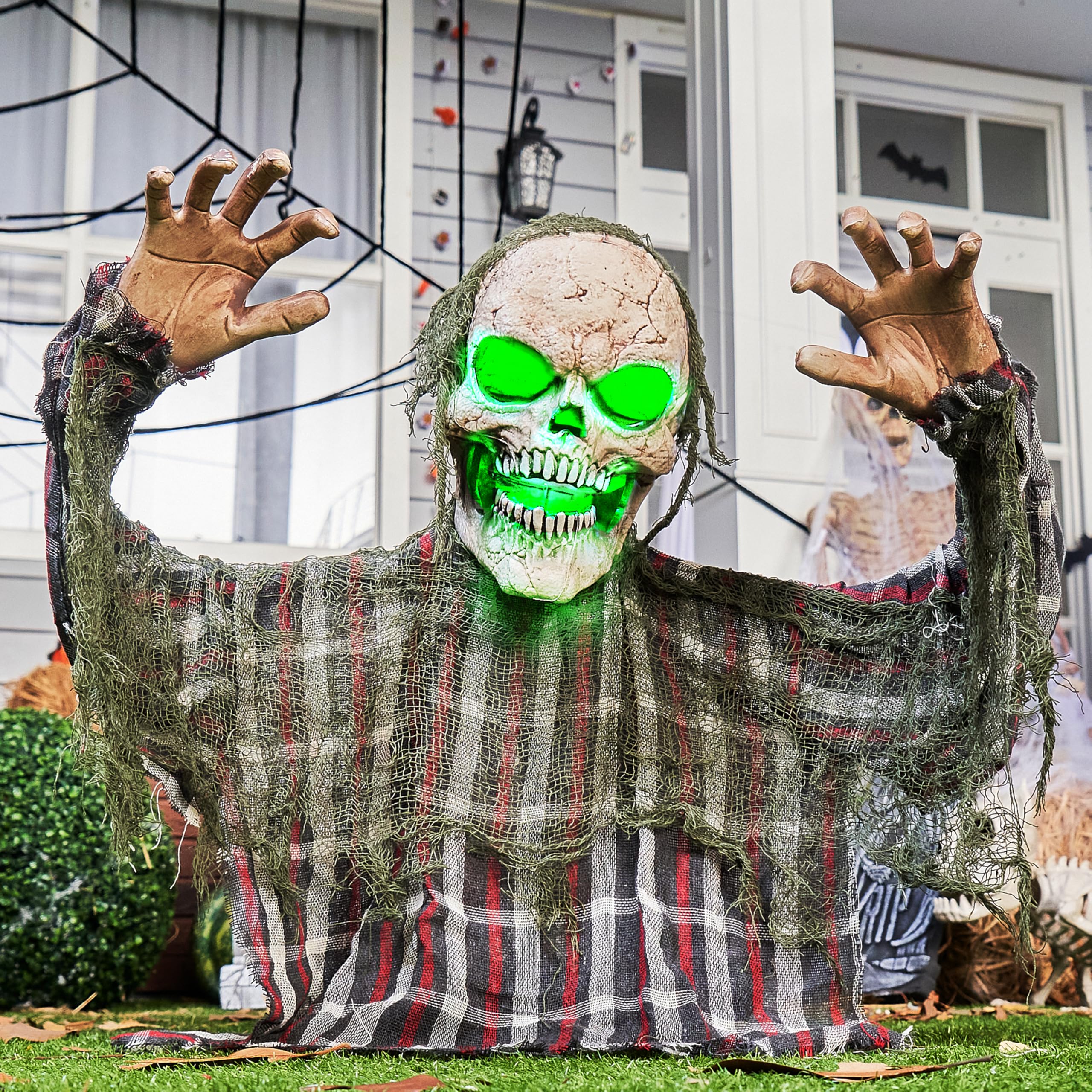 JOYIN 25'' Animated Zombie Groundbreaker Halloween Decor - Moving Arms & Green Light, Outdoor Graveyard & Haunted House Yard Decoration for Spooky Halloween Party, Trick-or-Treat, and Lawn Display